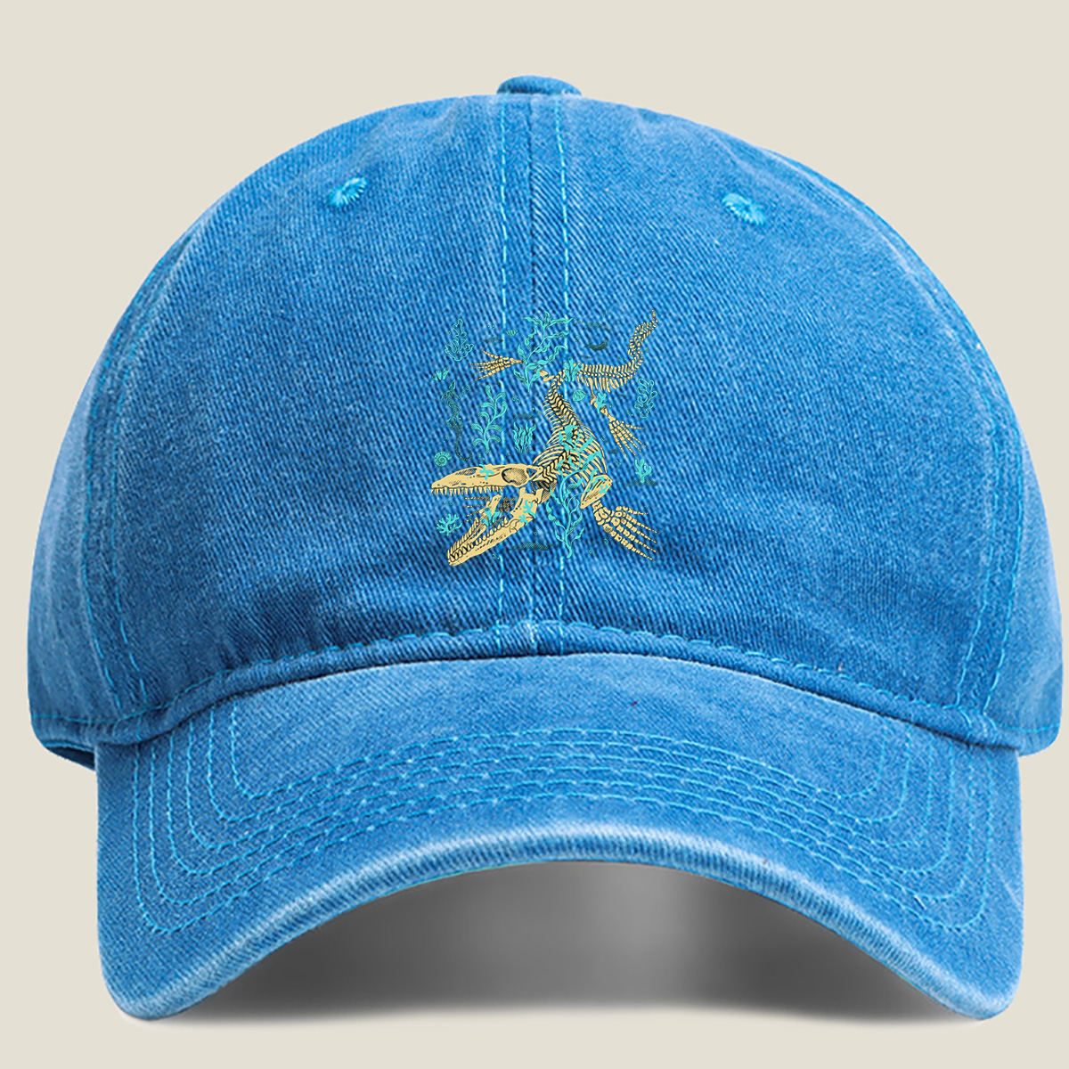 Mosasaurus Skeleton in Ocean Depths - Washed Denim - Baseball Cap