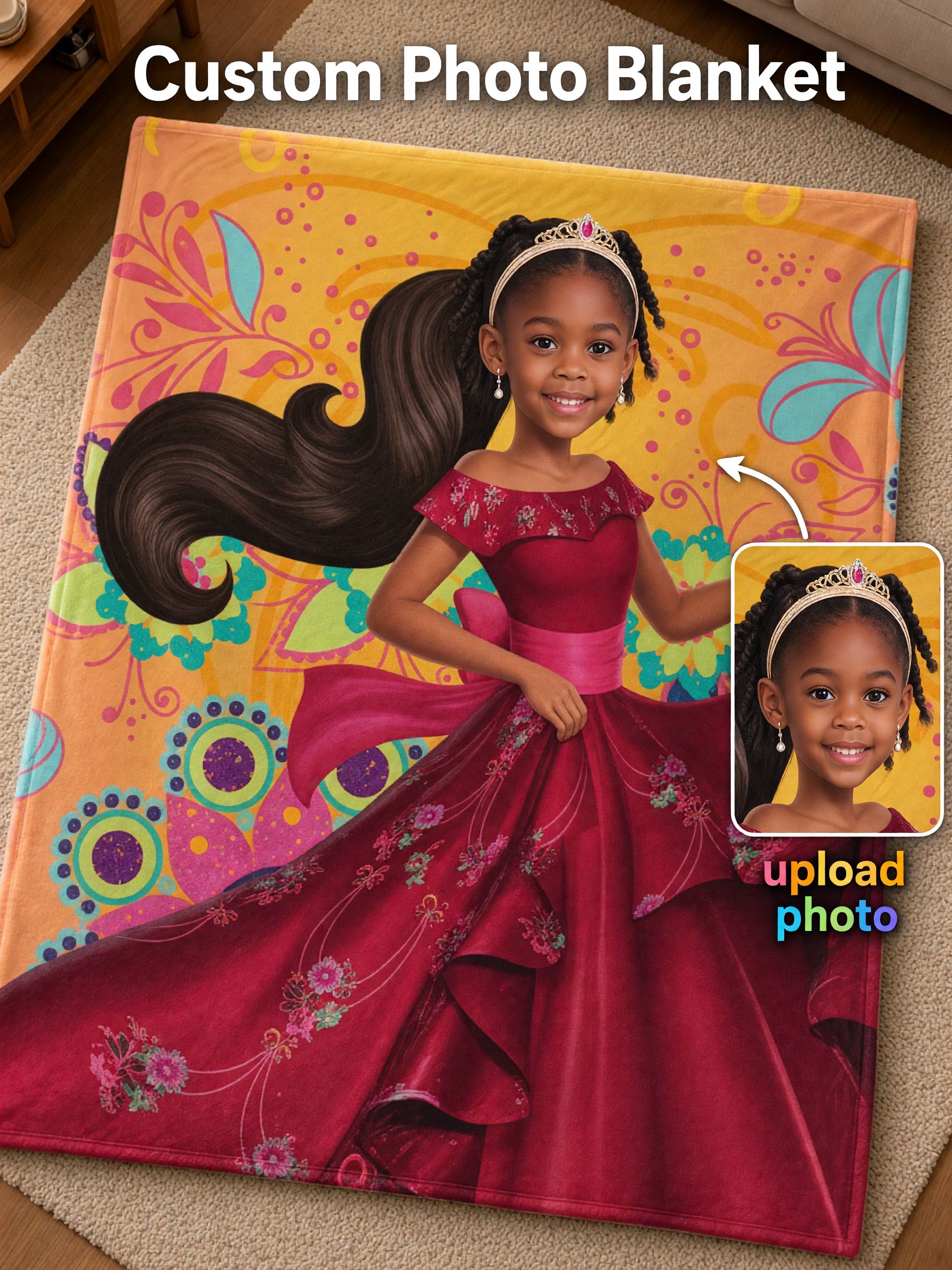 Personalized Custom Photo Face Blanket, Flannel Fleece Princess Throw Blanket, Ideal Personalized Gift for Girls