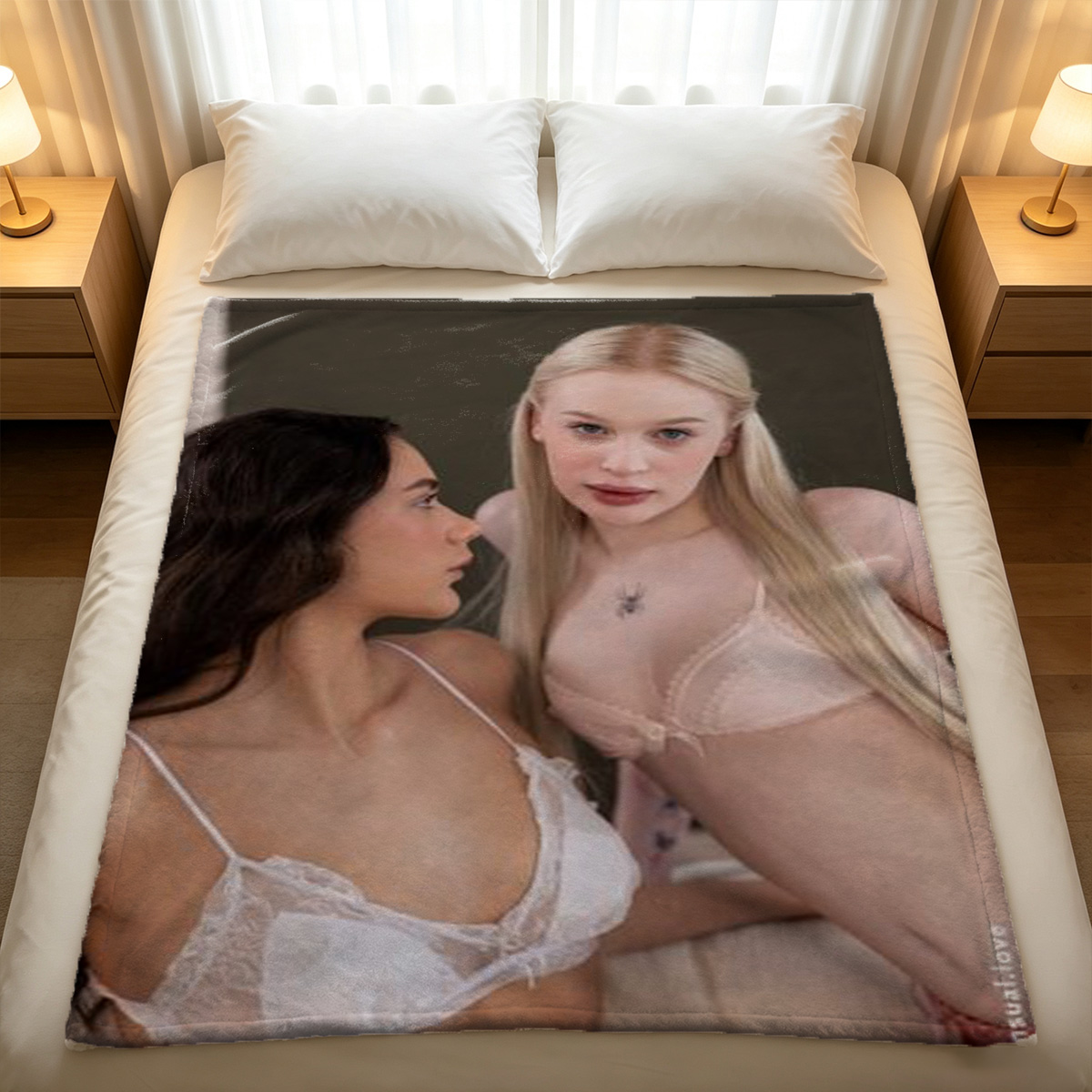 Two Lesbians in Lingerie Embracing on Couch - Blanket