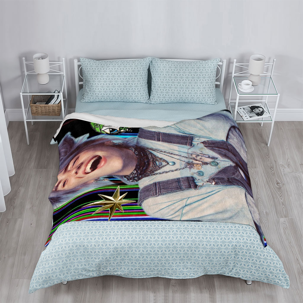 Billie Eilish Laughing in Overalls with Colorful Background and Cartoon Character Overlay - Blankets