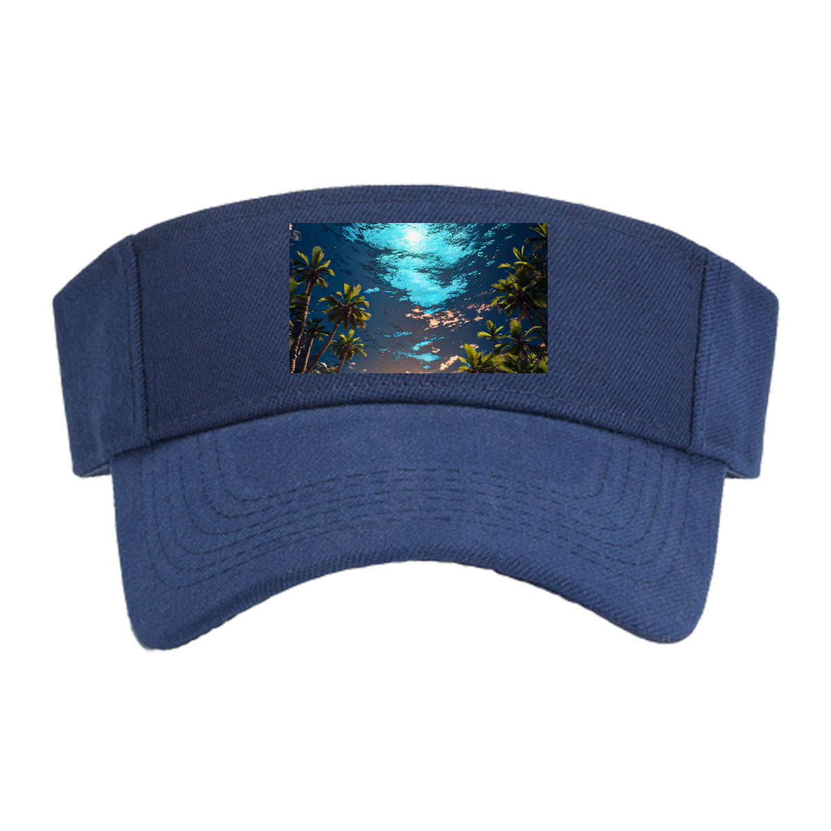 Man stands on water under surreal sky, surrounded by palm trees at twilight -  Visor cap