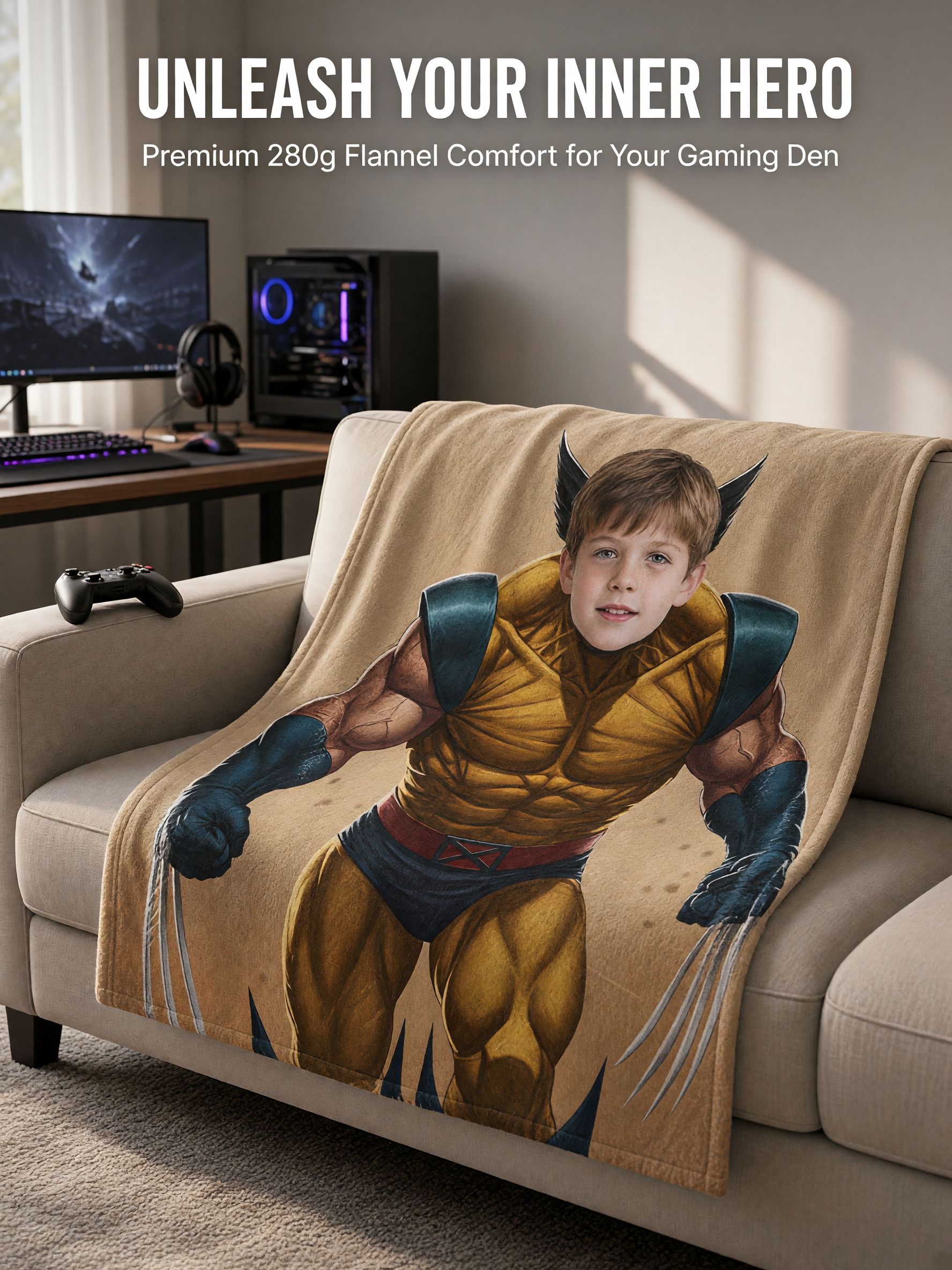 Custom Photo Superhero Flannel Fleece Blanket, Ultra Soft Personalized Face Throw Blanket for Kids and Family Gift