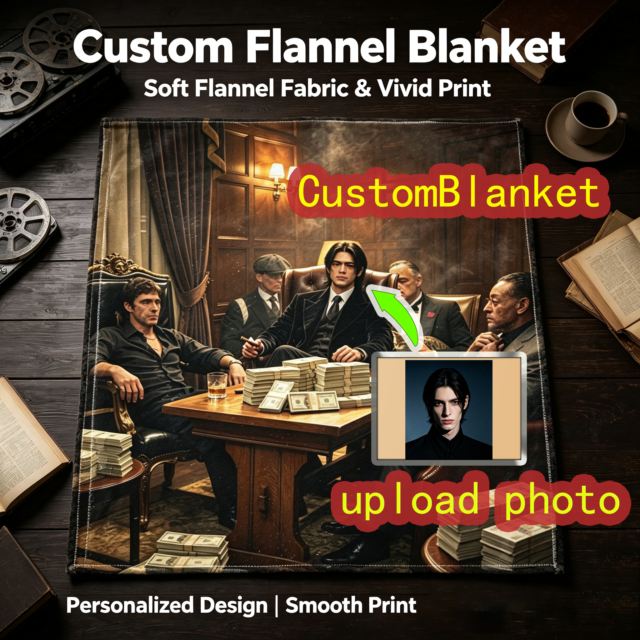 Custom Face Blanket - Gangster Meeting in Luxurious Study Room Flannel Blanket - Perfect for Movie Fans and Home Decor - Ideal Gift or Giveaway