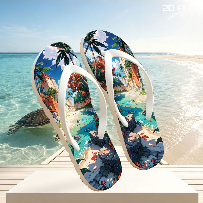 Tropical Beach with Ancient Ruins and Lush Vegetation -  flip-flops