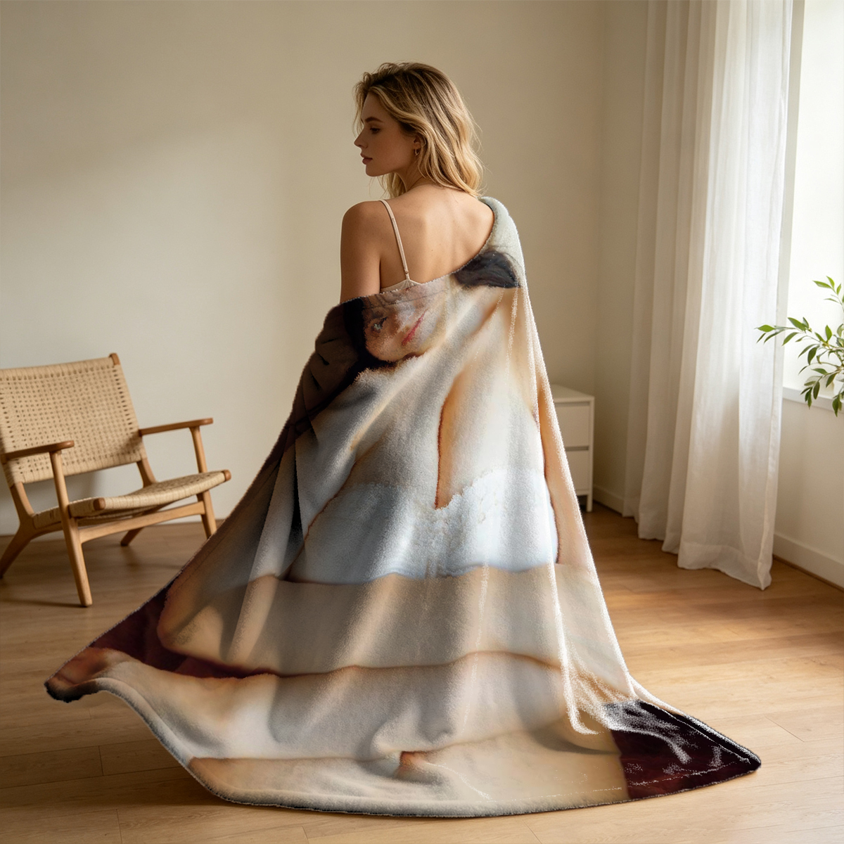 Nude blonde leaning over green armchair in luxurious room - Blanket