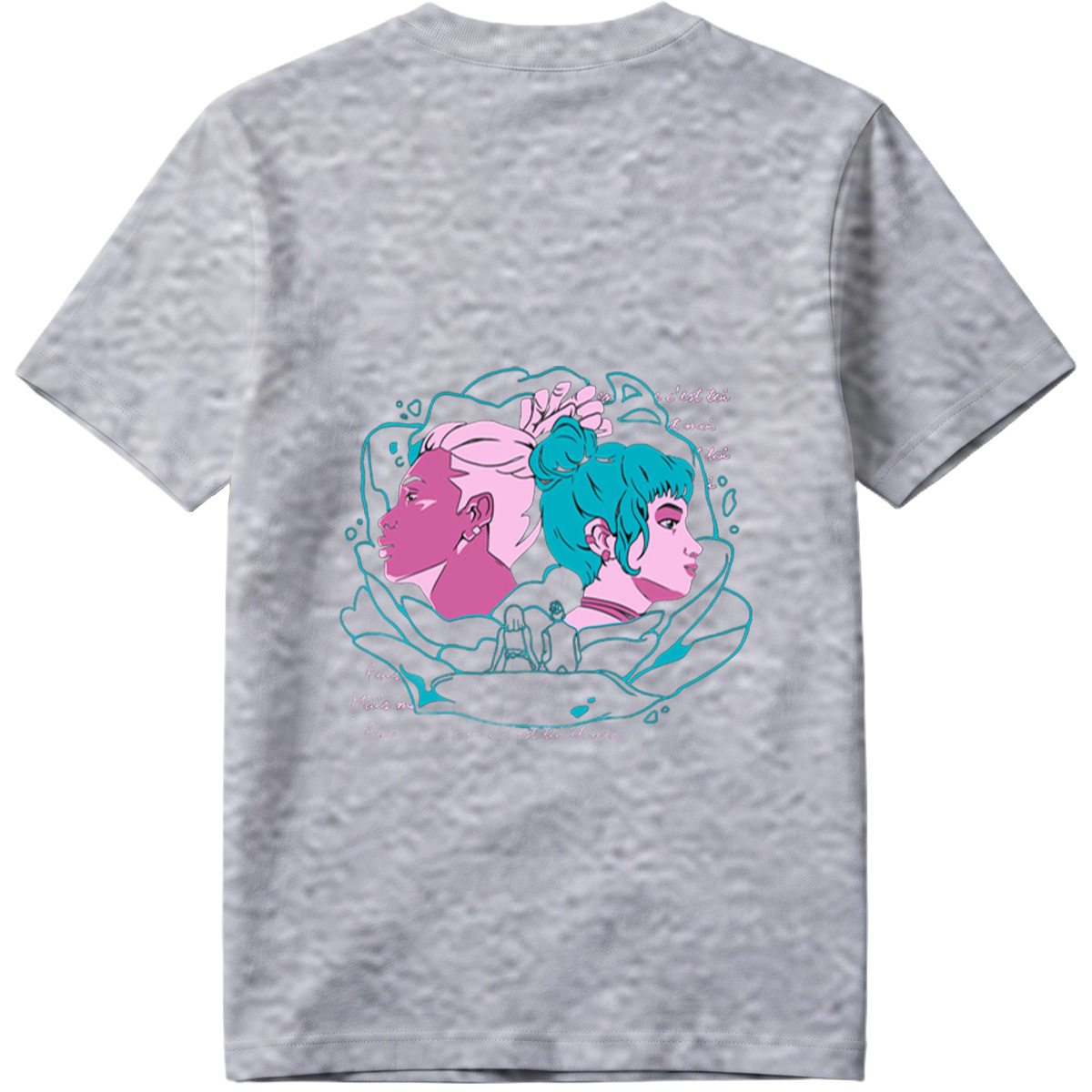 Two Women in Profile: A Stylized Artwork Featuring Pink and Teal Hair with French Text - Tee