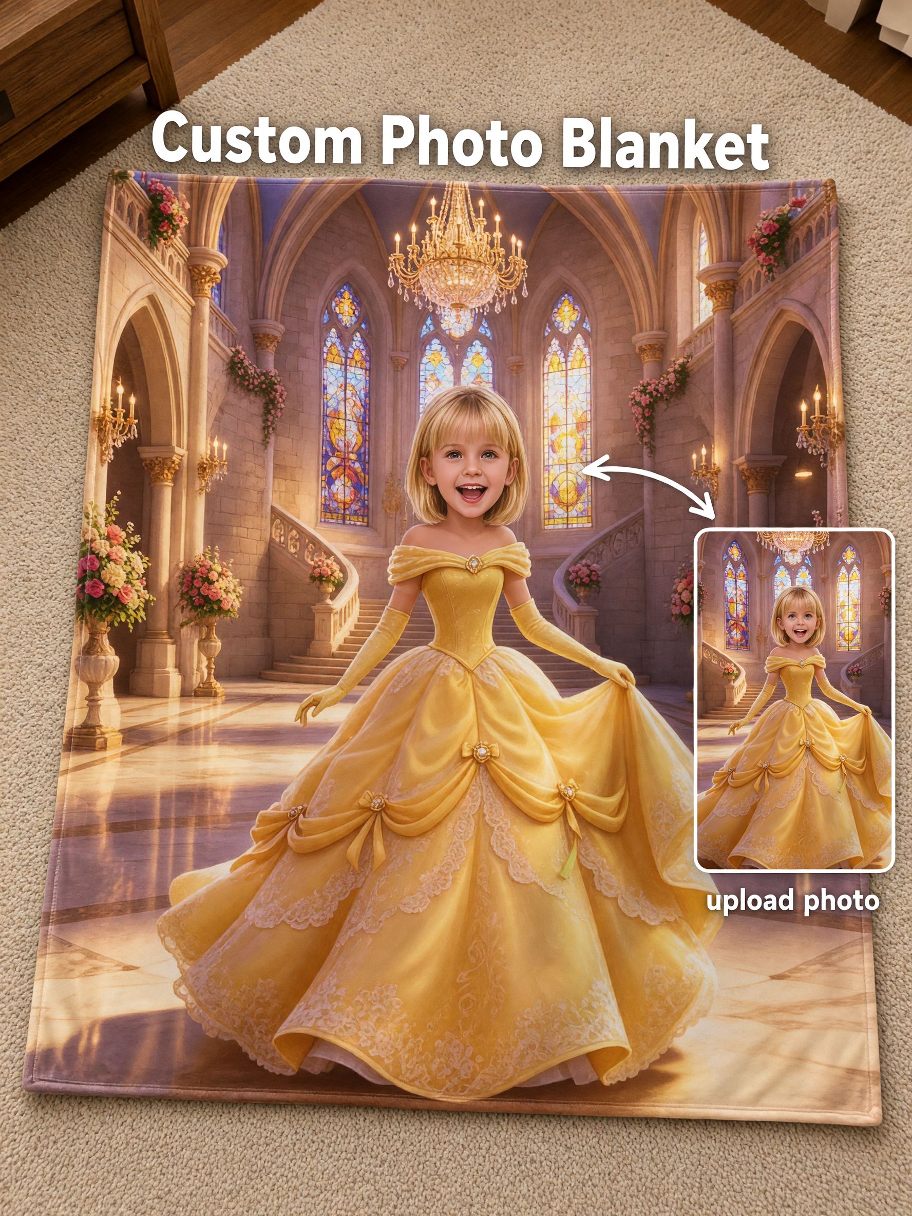 Custom Face Princess Blanket, Personalized Photo Yellow Ballgown Castle Fleece Throw, Cozy Keepsake Gift for Girls