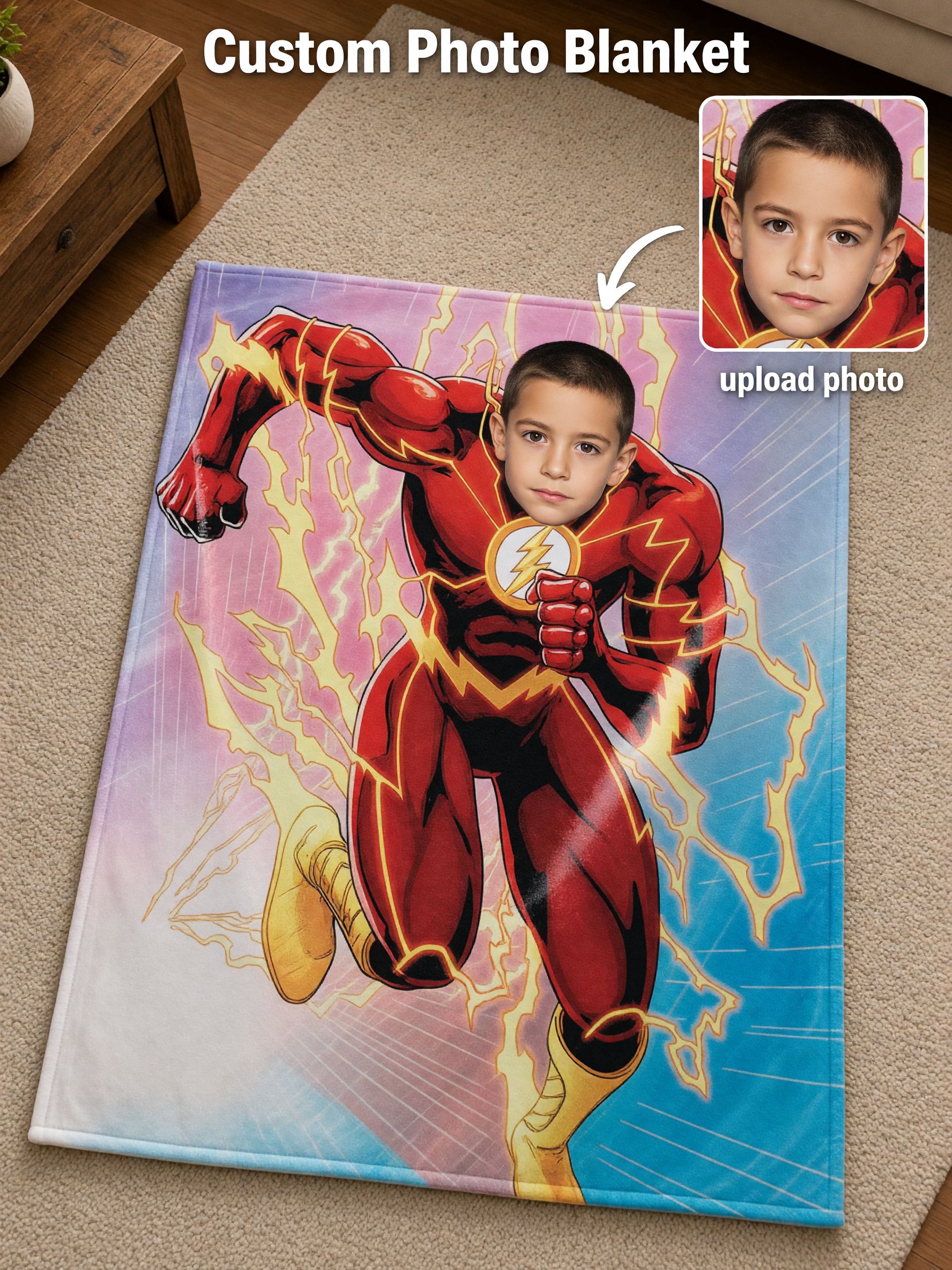 Custom Photo Face Superhero Flannel Blanket Personalized Comic Speedster Fleece Throw for Kids and Adults Cozy