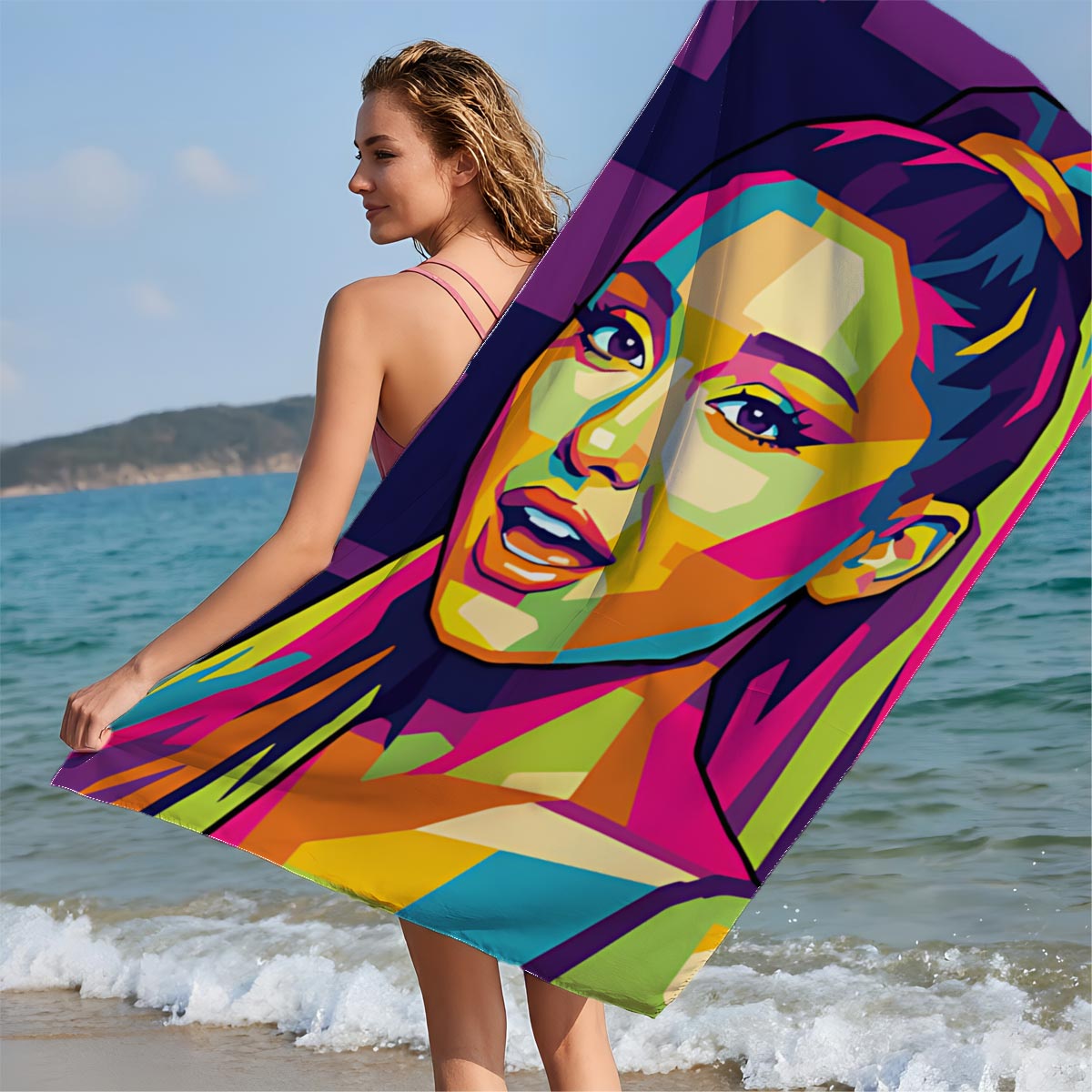 Pop Art Portrait of a Colorful Female Celebrity - Beach towels
