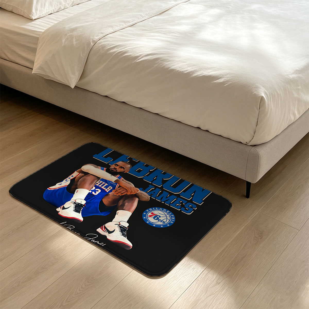 LeBron James in Philadelphia 76ers Jersey, Sitting Pose with Team Logo and Signature - Flannel floor mat