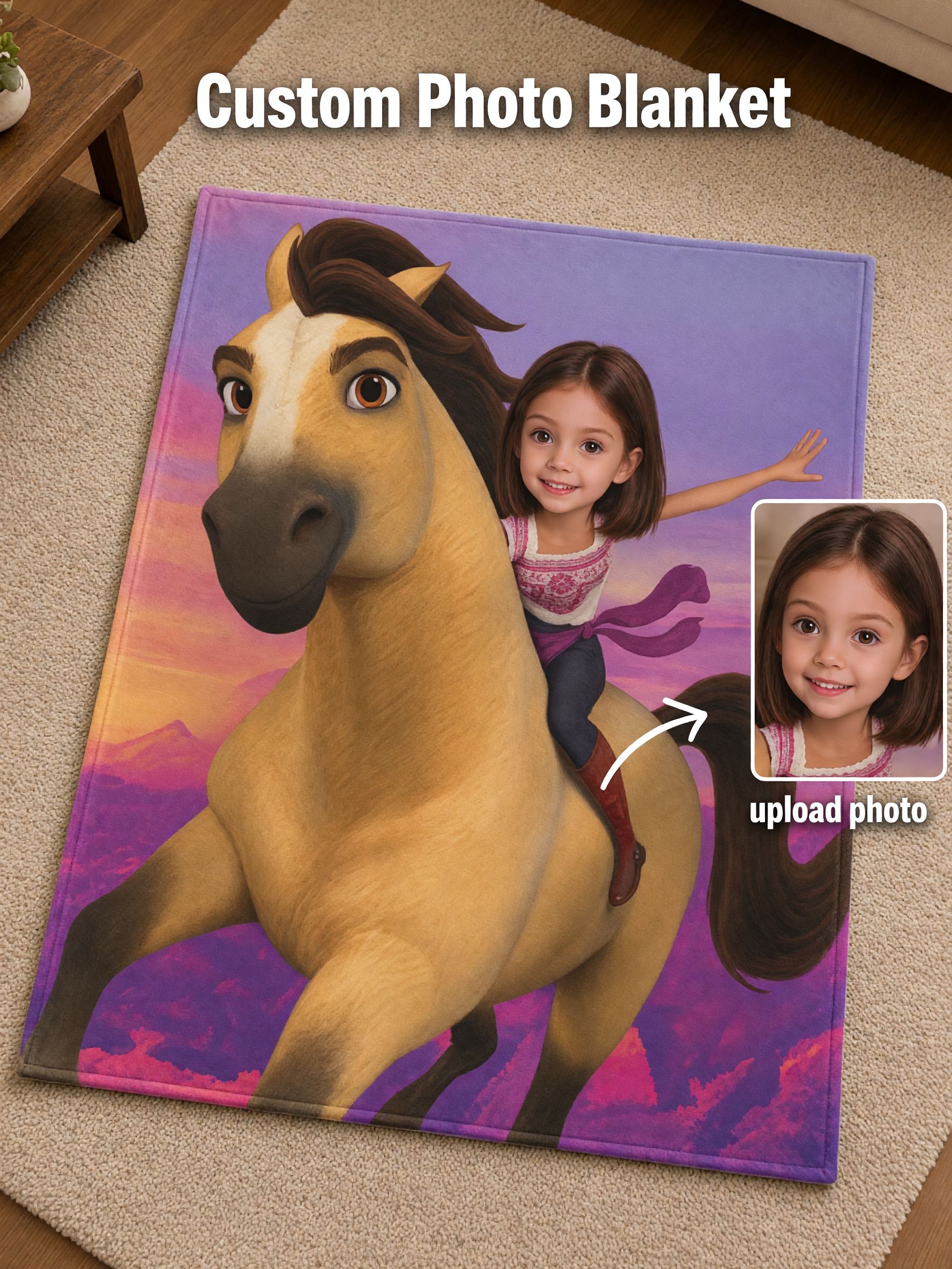 Custom Face Photo Blanket Personalized Horse Riding Cartoon Flannel Throw Cozy Plush Gift