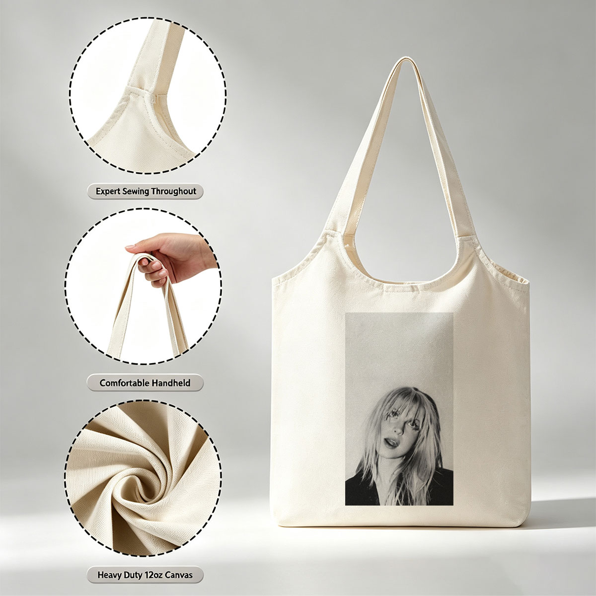 Bebe Rexha in a striking black and white portrait with tousled blonde hair and bold expression - Canvas shoulder bags/