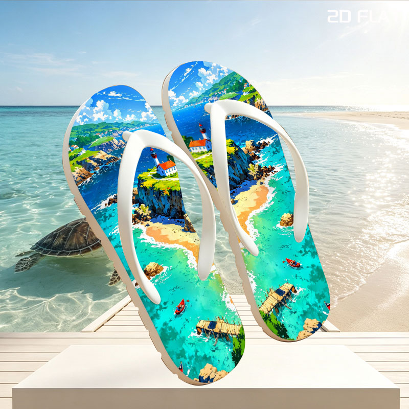Coastal Lighthouse and Turquoise Bay with Boats -  flip-flops