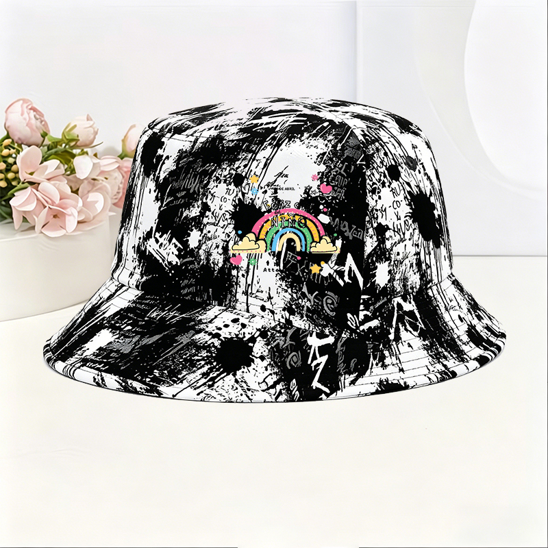 Unisex Classic Graffiti Bucket Hat with Rainbow Heart Flower Print | Casual Outdoor Sun Protection Hat for Adults and Teens | Perfect for Beach, Travel, Daily Wear