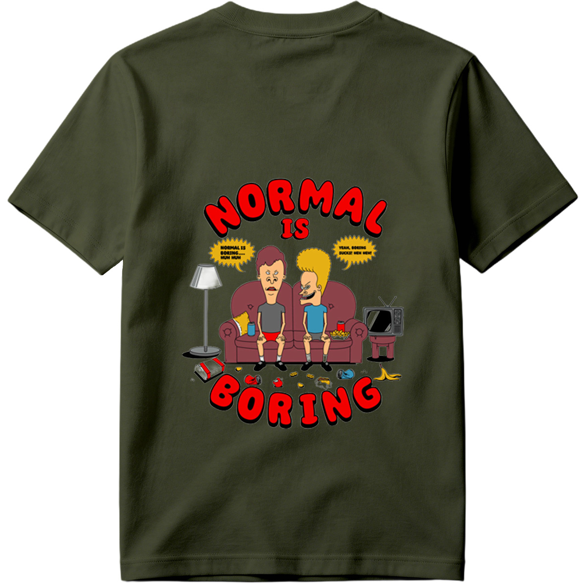 Normal Is Boring: Two Cartoon Characters on Couch with Chaos Around - Tee