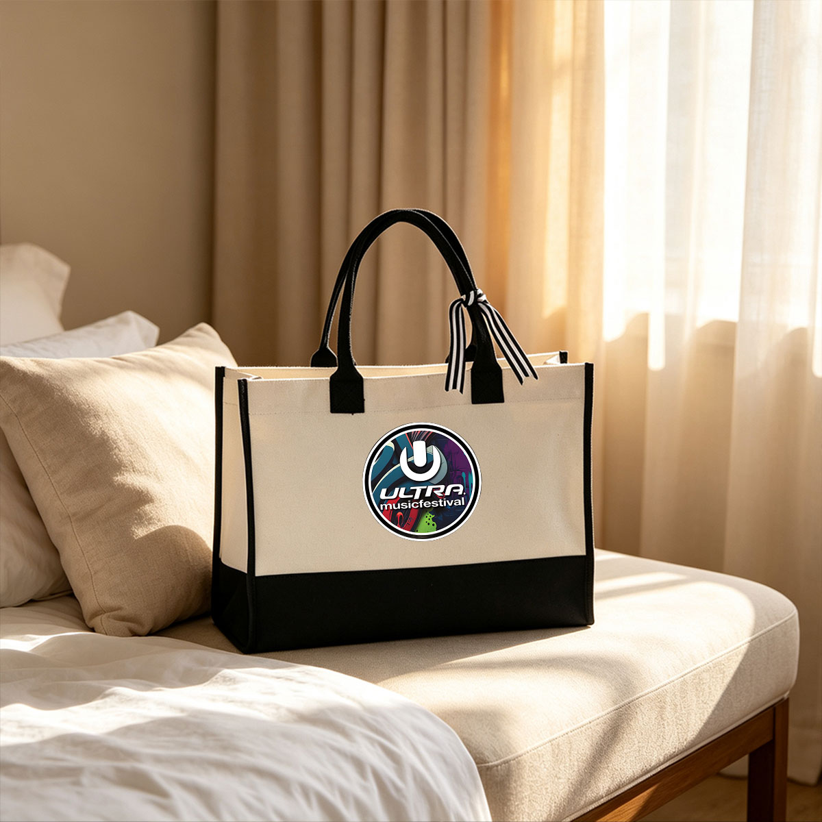 Ultra Music Festival Logo Featuring U-Shaped Symbol and Vibrant Abstract Background - Canvas patchwork gift tote bag