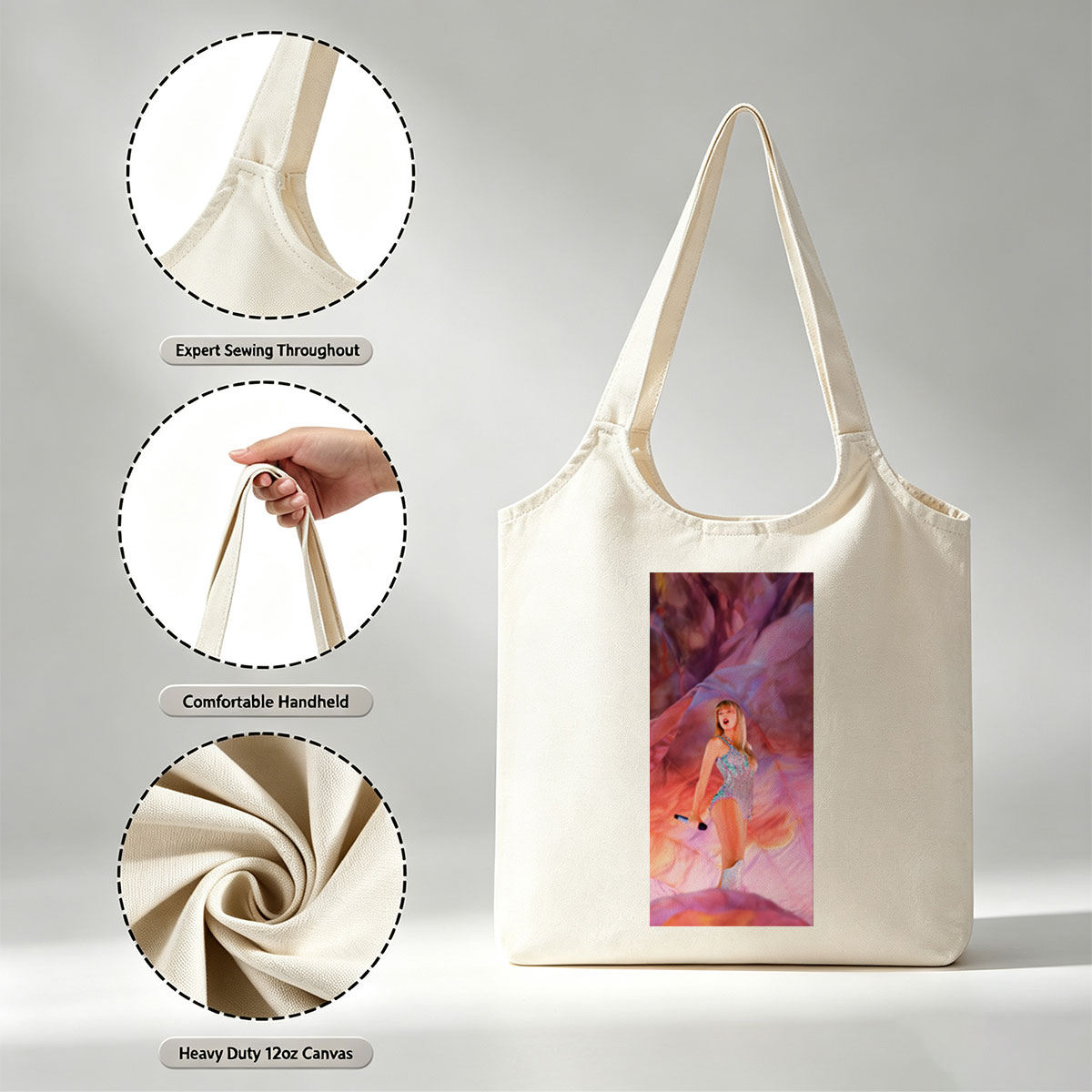 Taylor Swift Performance in a Sparkling Bodysuit on a Vibrant, Dreamlike Stage - Canvas shoulder bags/