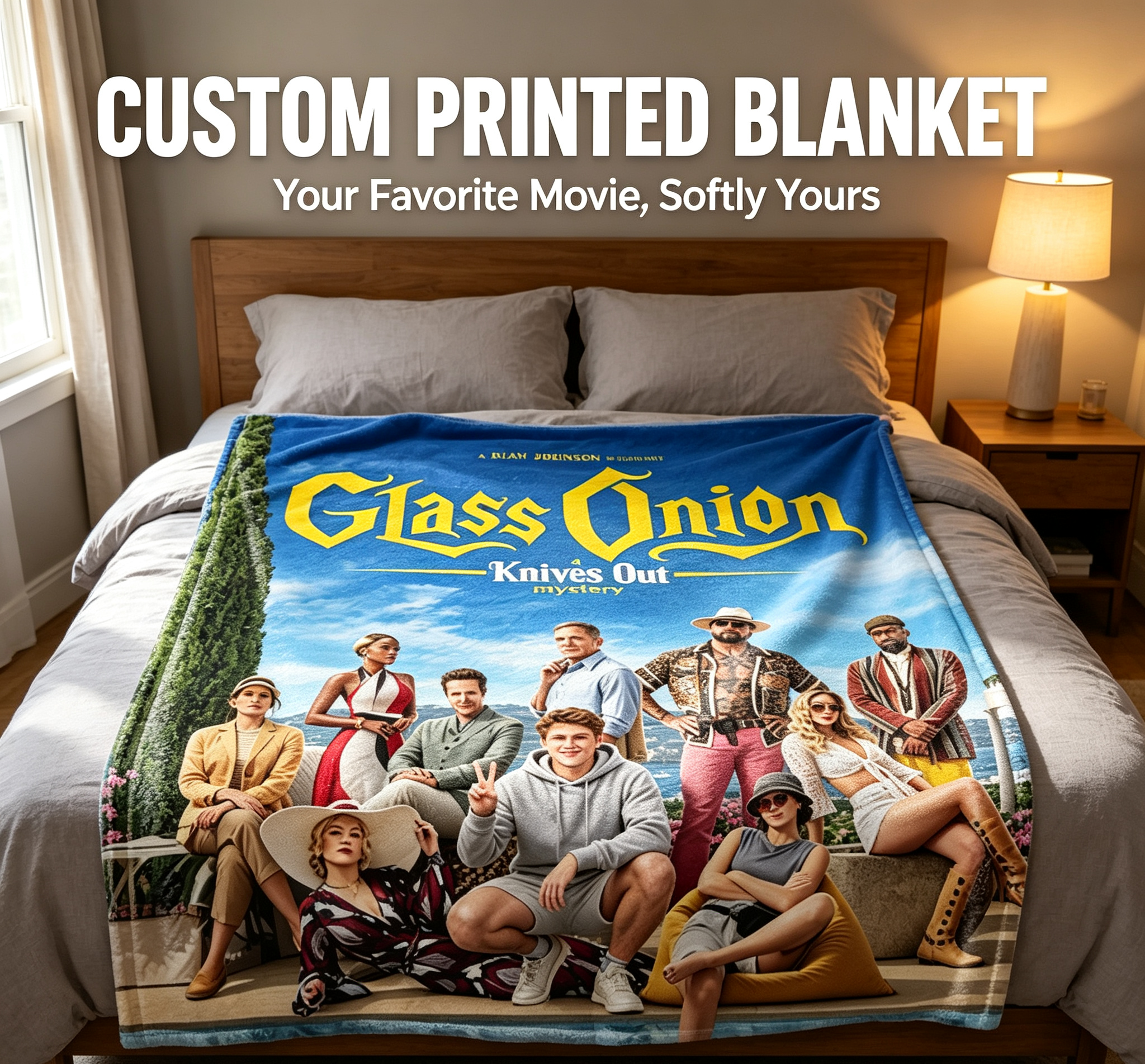 Custom Face Blanket Glass Onion Knives Out Mystery Flannel Blanket Movie-Themed Cozy Throw Perfect for Fans of Rian Johnson Films Ideal Gift or Giveaway for Cinema Lovers