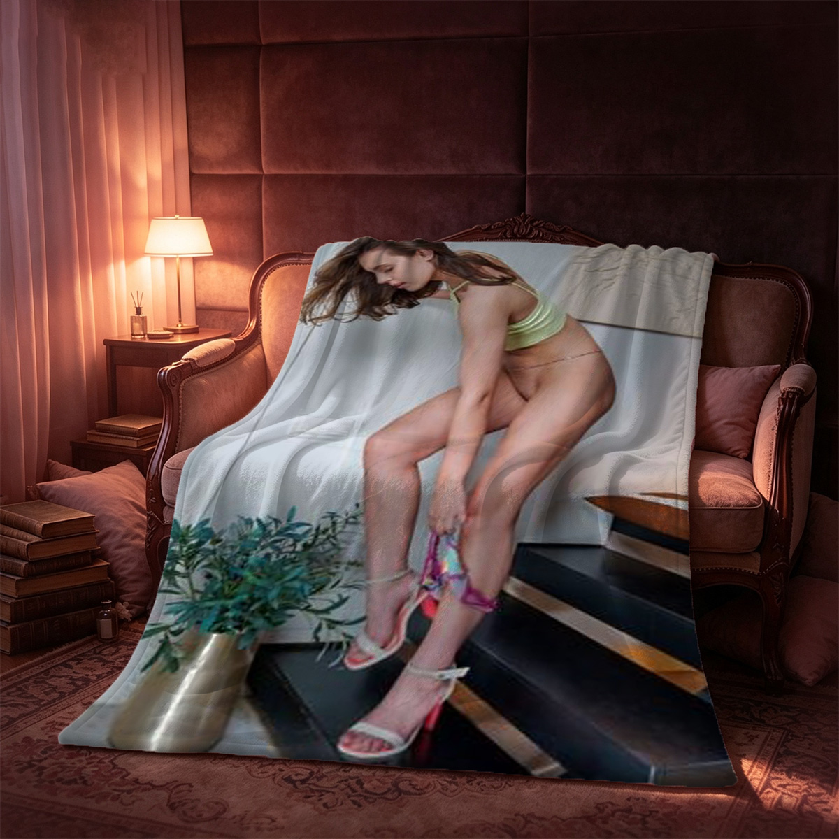 Nude Japanese model with long black hair posing by vintage truck door - Blanket