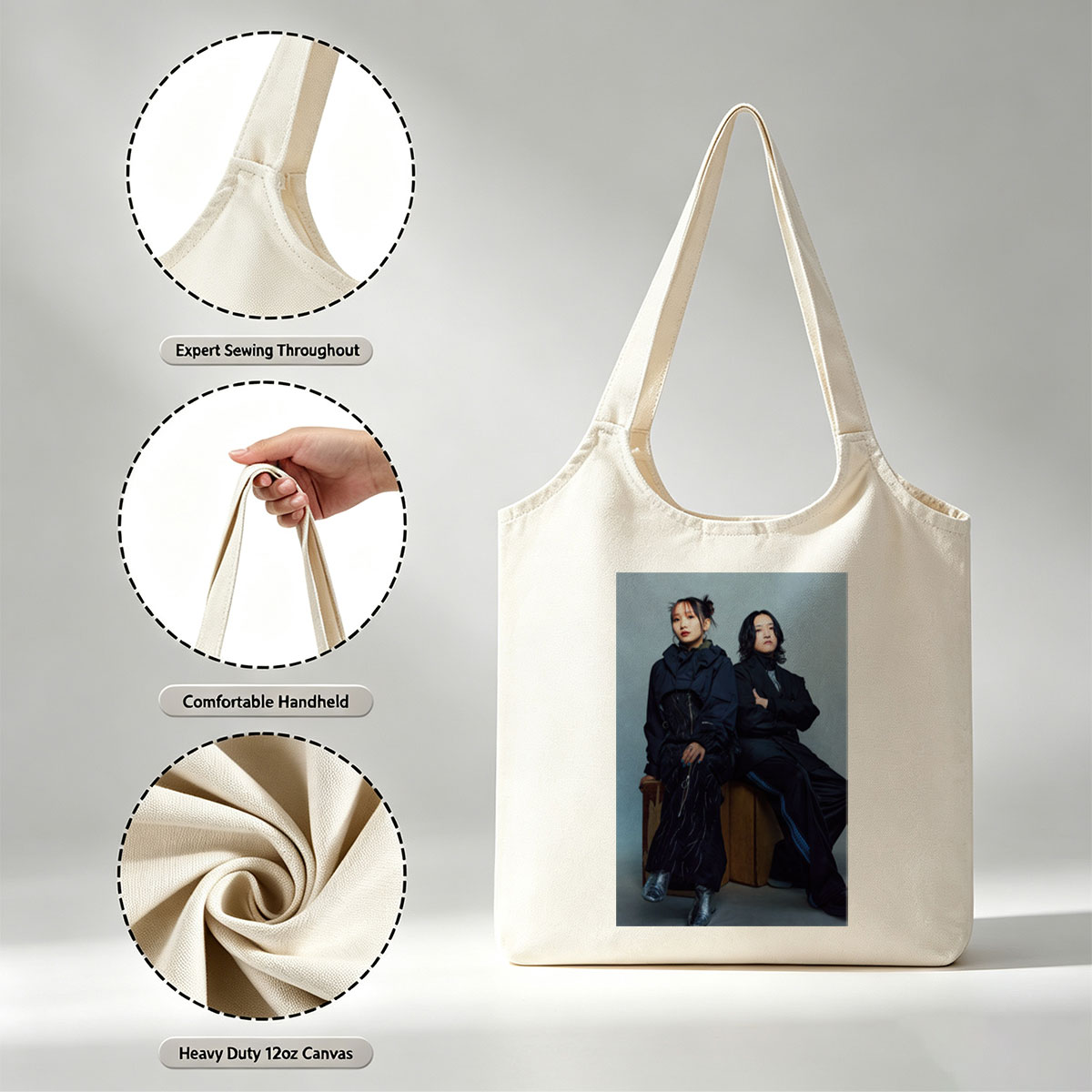 YOASOBI in a Stylish Studio Portrait Featuring Two Members Dressed in Dark, Edgy Fashion Sitting on Wooden Crates Against a Neutral Background - Canvas shoulder bags/