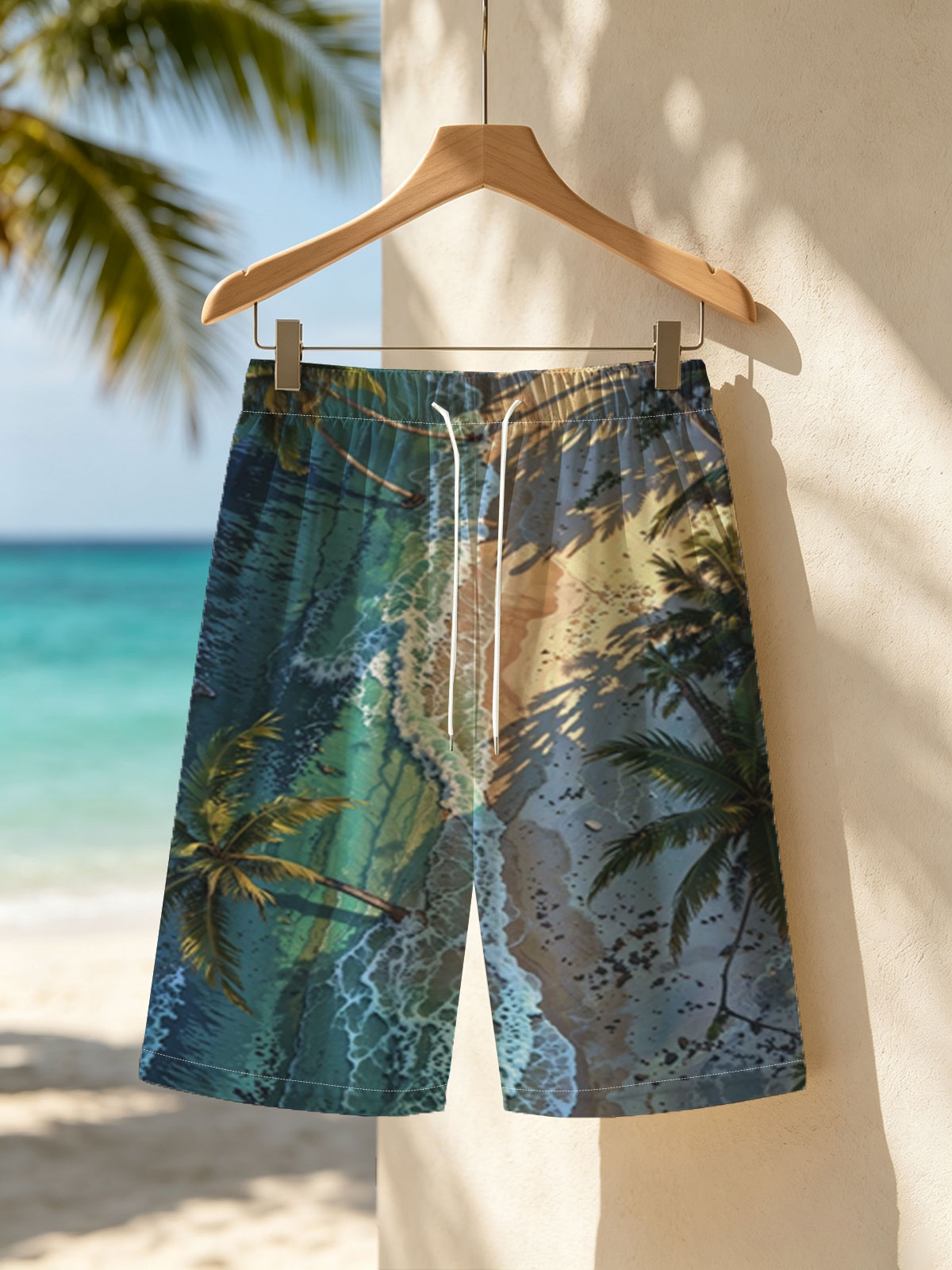 Tropical Beach with Palm Trees and Crystal Clear Waves -  Beach shorts