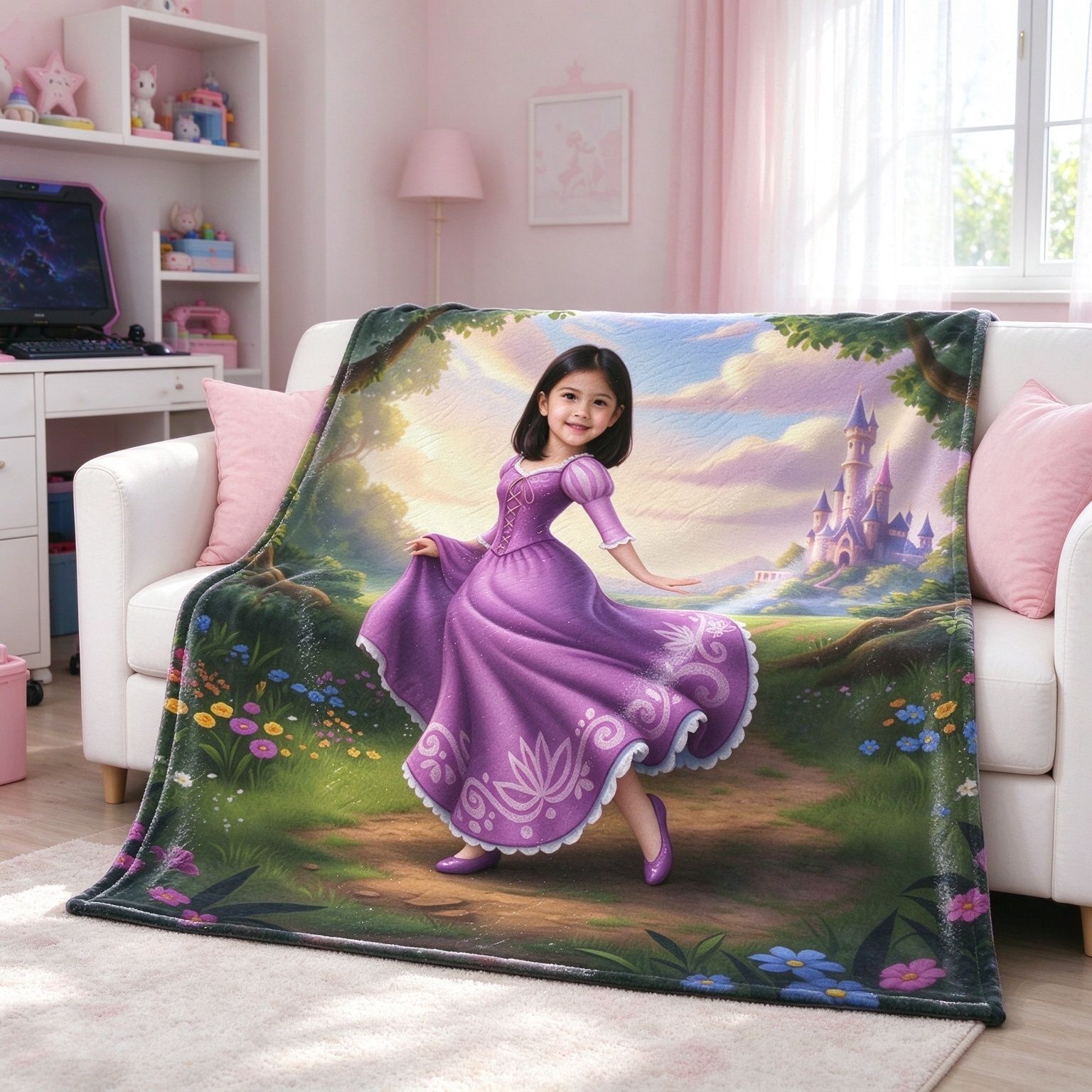 Custom Face Photo Flannel Blanket, Personalized Fairytale Princess Castle Throw, Ideal Keepsake Gift