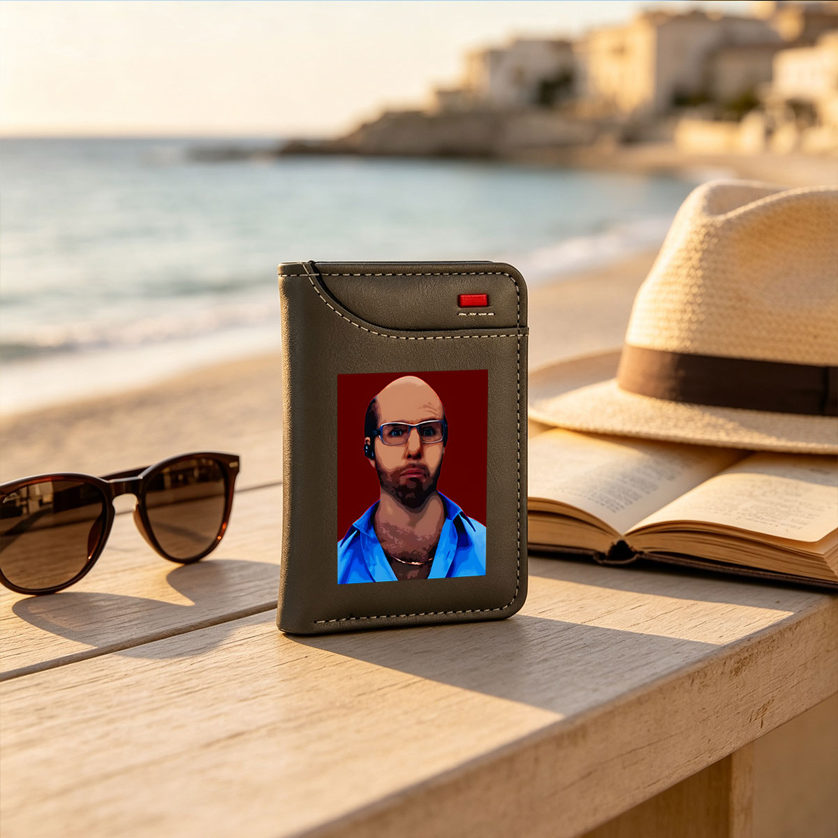 Bald Man with Glasses and Blue Shirt - Vertical Style Wallet