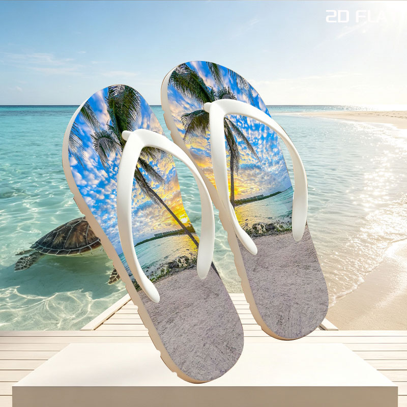 Tropical beach at sunset with palm tree and calm sea -  flip-flops