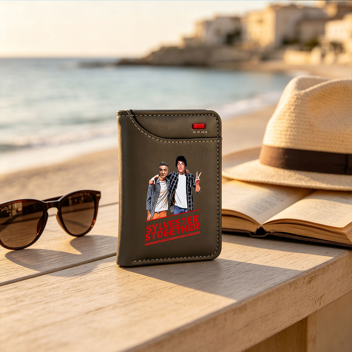Sylvester Stogether: Two Men in Plaid Jackets and White Shirts, One Making Peace Sign - Vertical Style Wallet