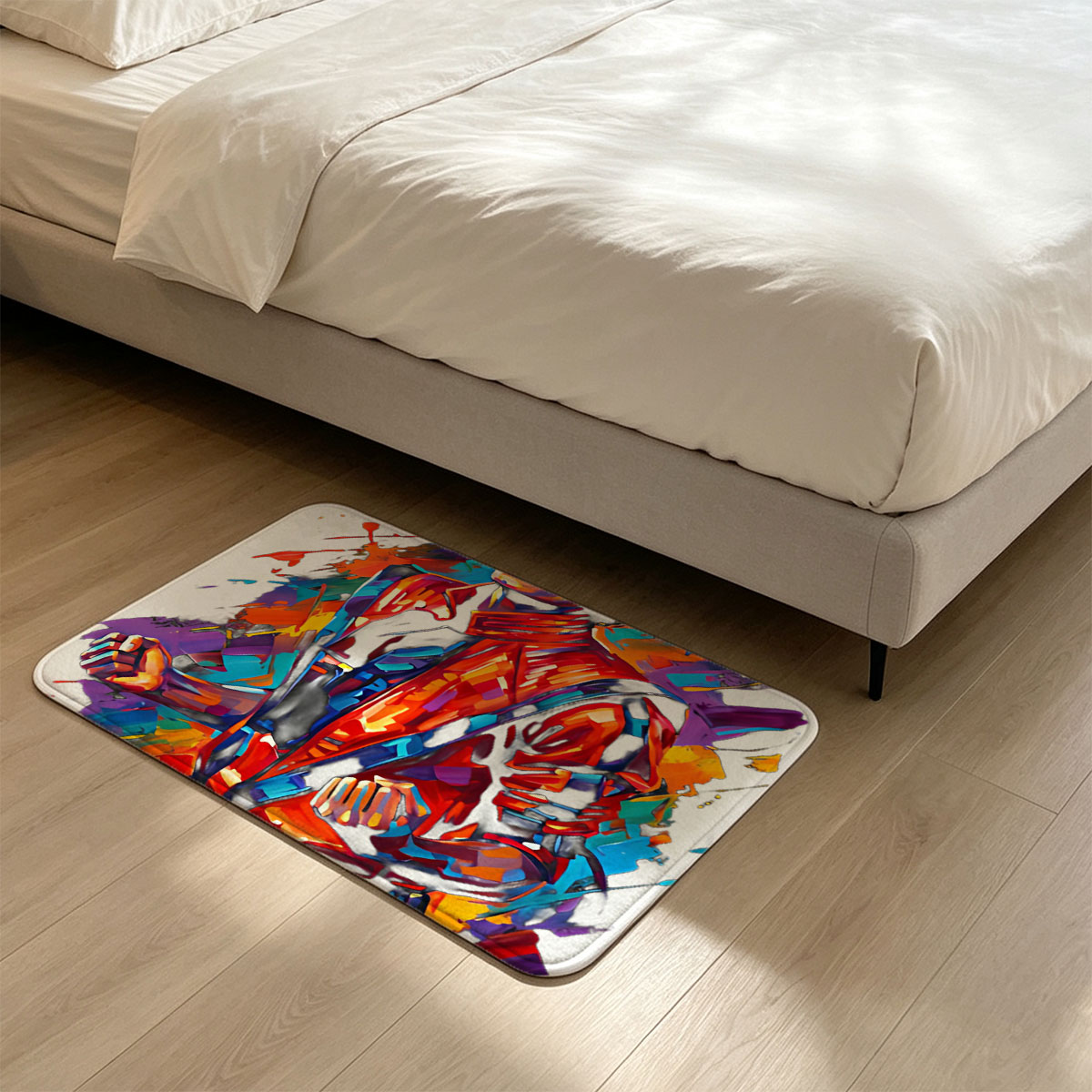 Michael Jackson in vibrant, dynamic art style, wearing iconic red jacket, set against colorful abstract background. - Flannel floor mat