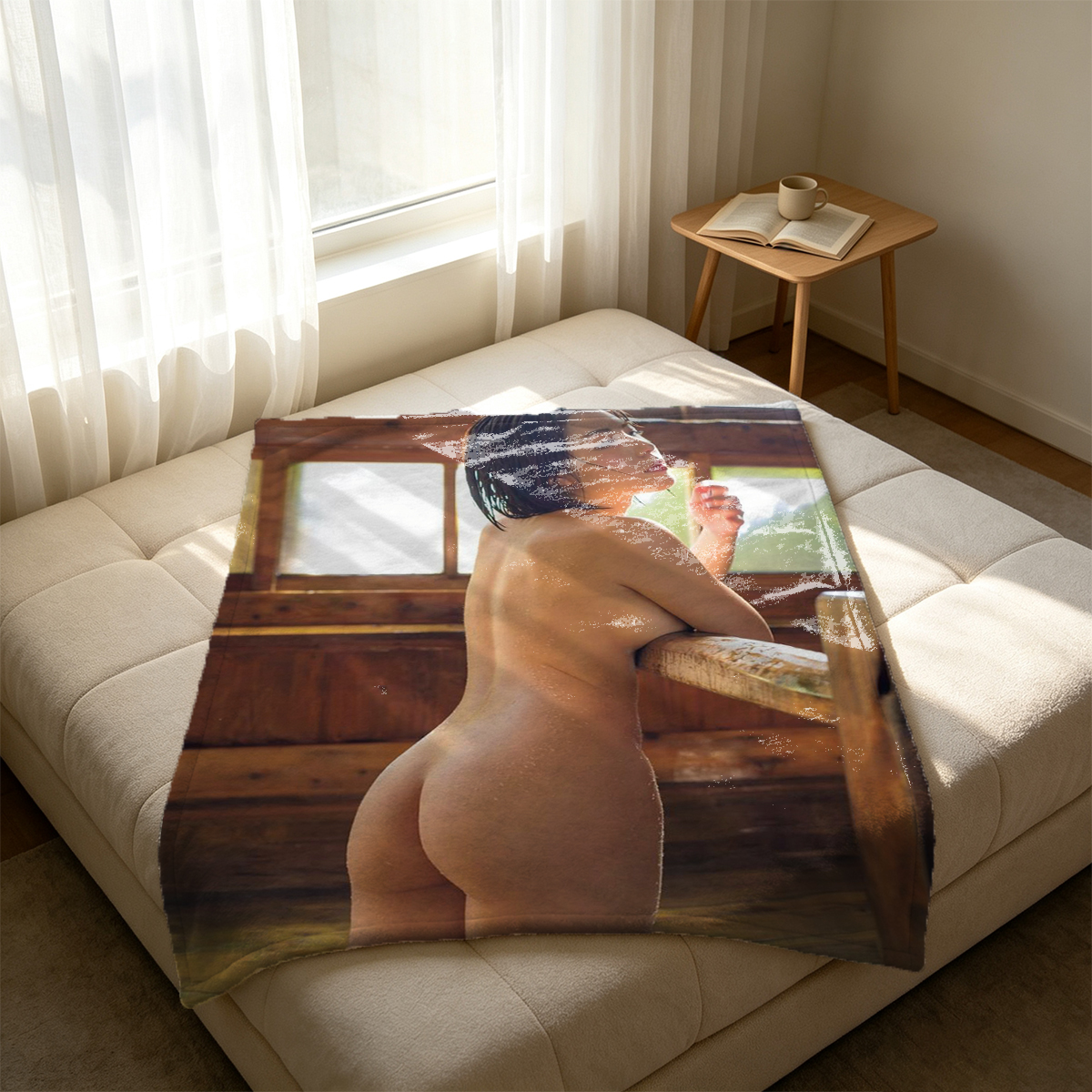 Japanese Schoolgirl in White Thighhighs Sitting on Wicker Chair - Blanket