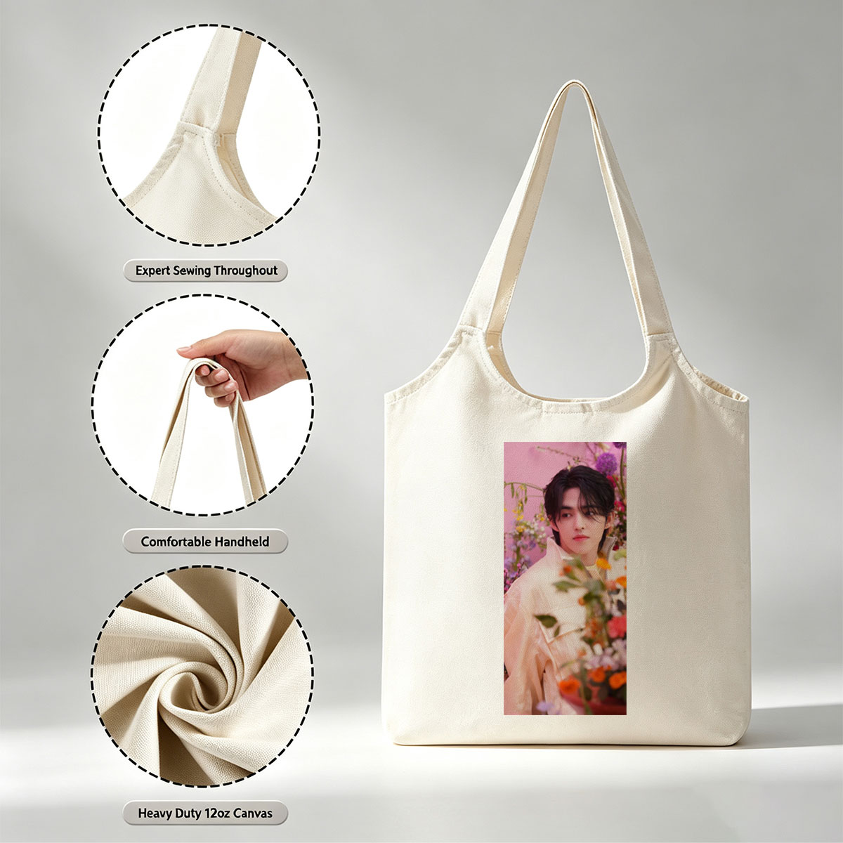 Sungchan in a floral garden, wearing a soft pink jacket with vibrant flowers in the foreground - Canvas shoulder bags/
