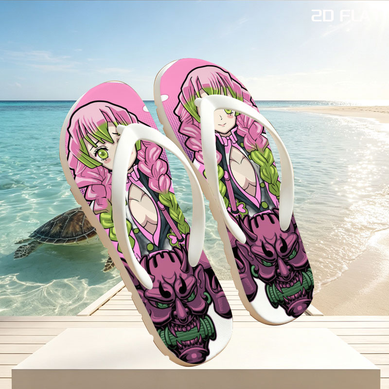 Nezuko Kamado from Demon Slayer with Pink Hair and Green Eyes, Surrounded by Skulls and Swords -  flip-flops