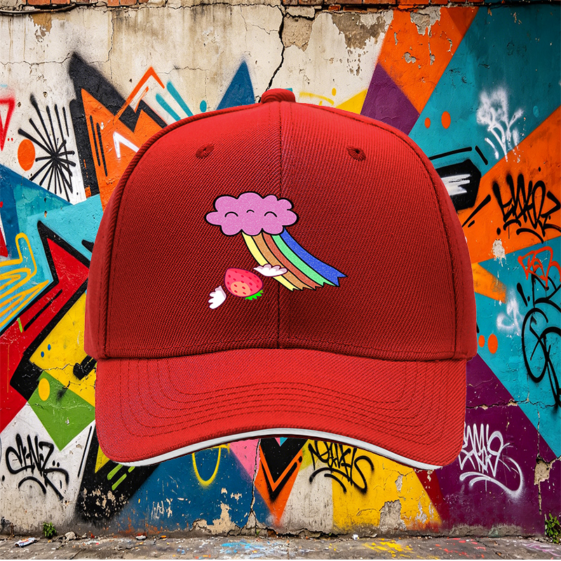 Unisex Classic Sandwich Hat with Strawberry Wings and Rainbow Cloud Print | Perfect for Casual Outings, Festivals, and Everyday Wear | Ideal for Teens and Adults Seeking Fun, Colorful Headwear