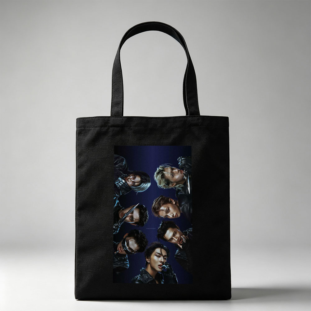 Stray Kids in Dark Leather Outfits with Dramatic Poses and Knives Against a Deep Blue Background - Canvas tote bags