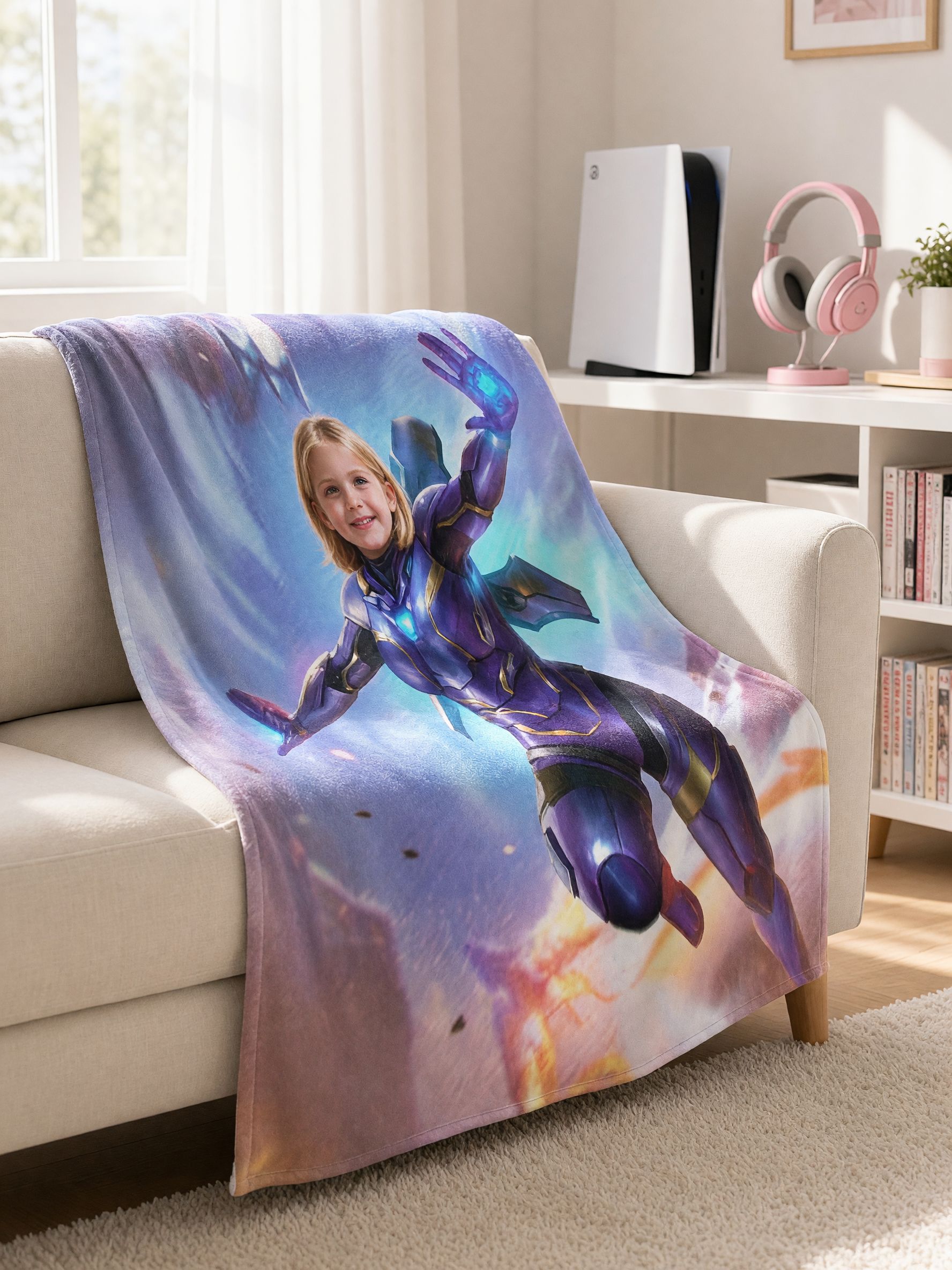 Custom Face Superhero Flannel Blanket, Personalized Photo Plush Throw, Ideal Cozy Gift for Kids and Movie Fans