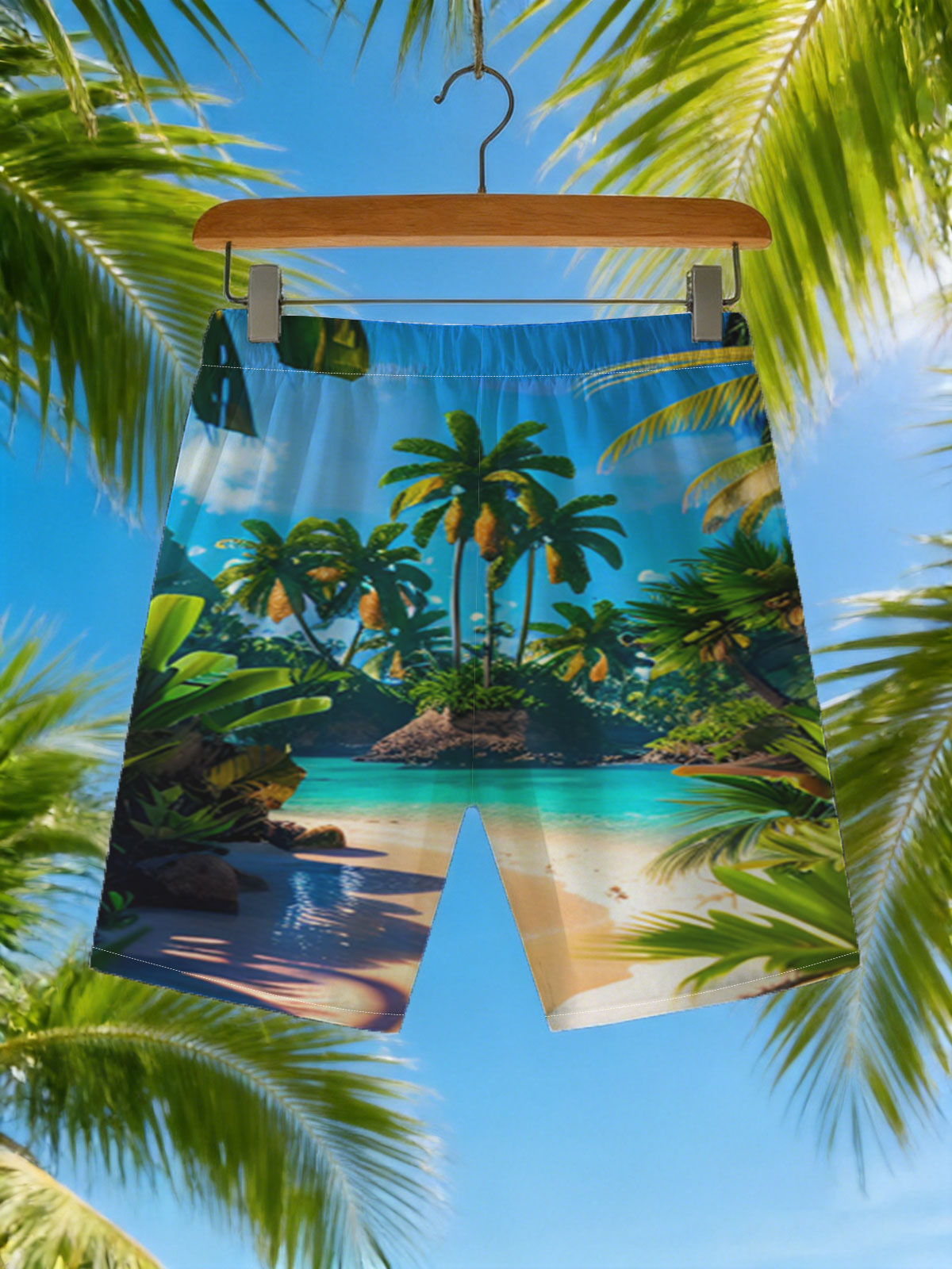 Tropical Paradise Beach with Palm Trees and Crystal Clear Water -  Beach shorts
