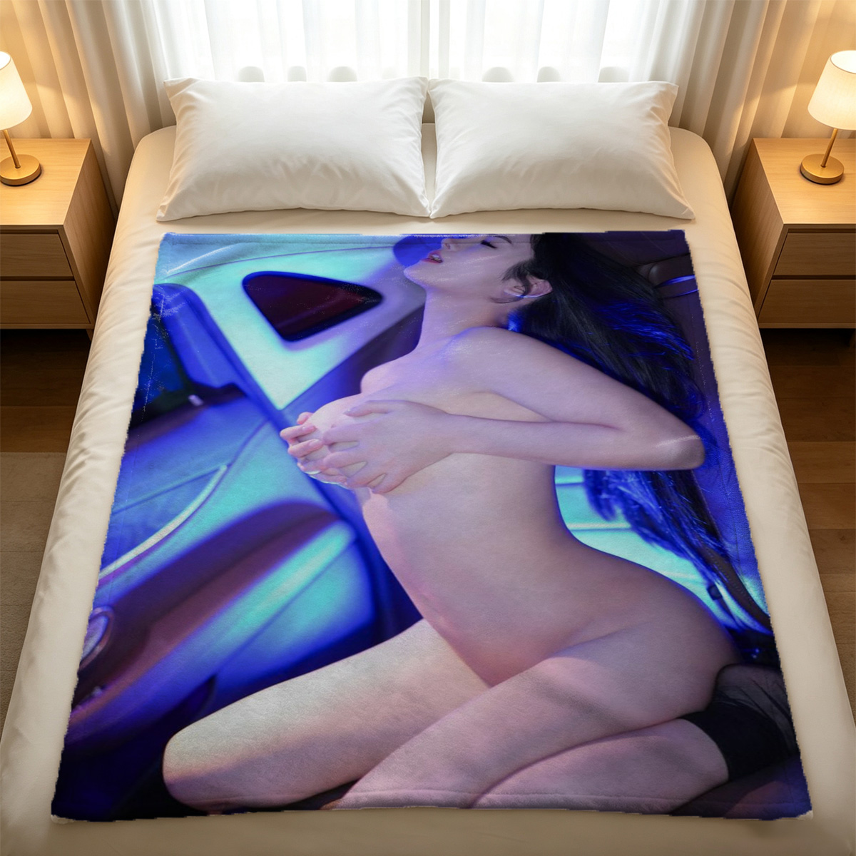 A woman with a penis in pink and black lingerie, bound with rope on a leather couch. - Blanket
