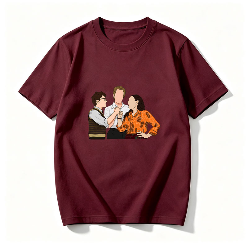 Three Characters in a Tense Interaction: Man in Vest, Central Figure, and Woman in Orange Shirt - Tee