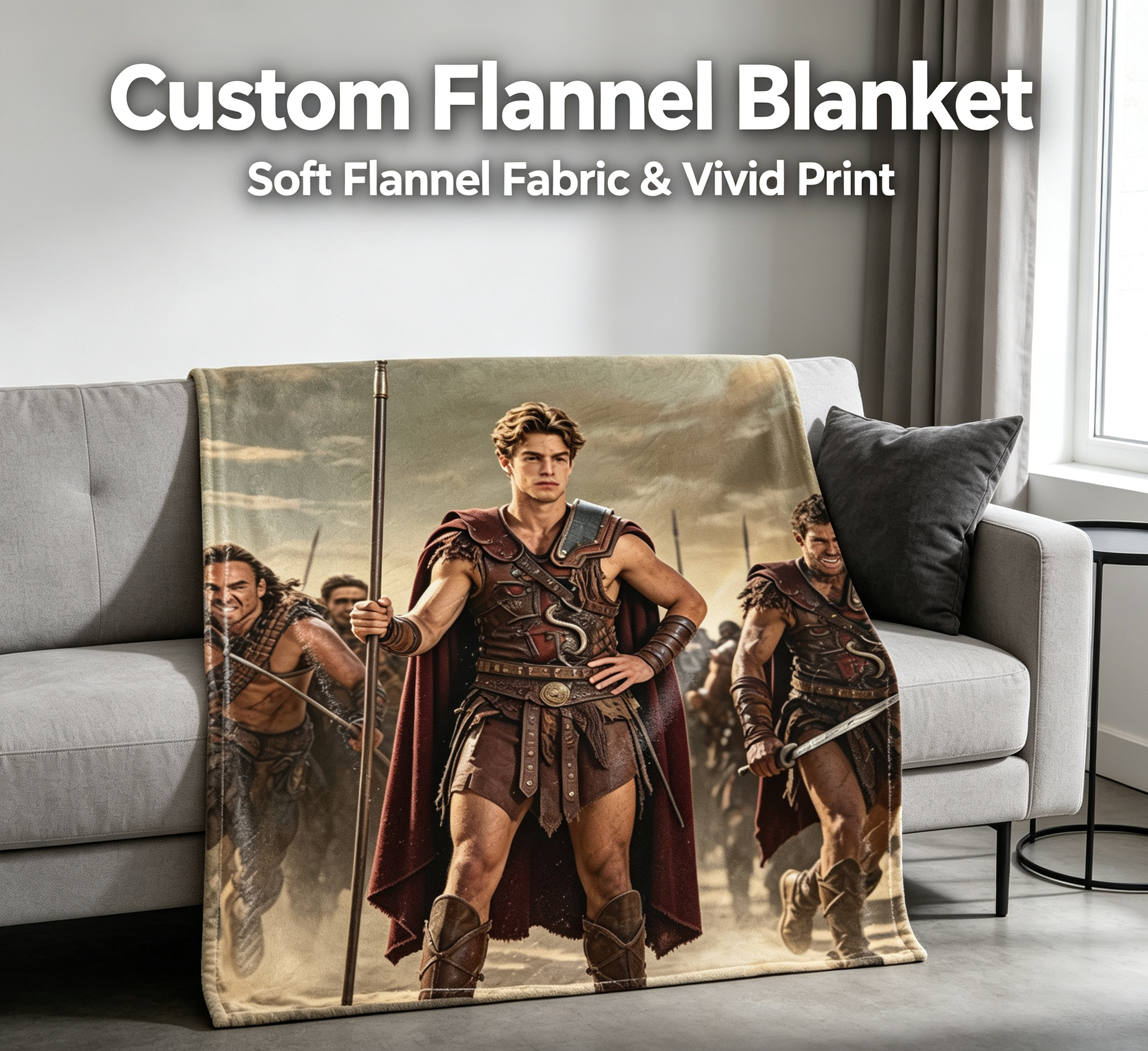 Custom Face Blanket - Ancient Warrior Hero with Spear and Armor Flannel Blanket - Perfect for Couch, Bed, or Camping - Ideal Gift or Giveaway for History and Fantasy Fans