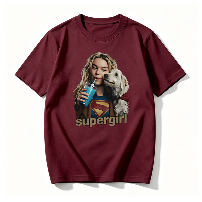 Supergirl with Dog and Blue Drink - Tee