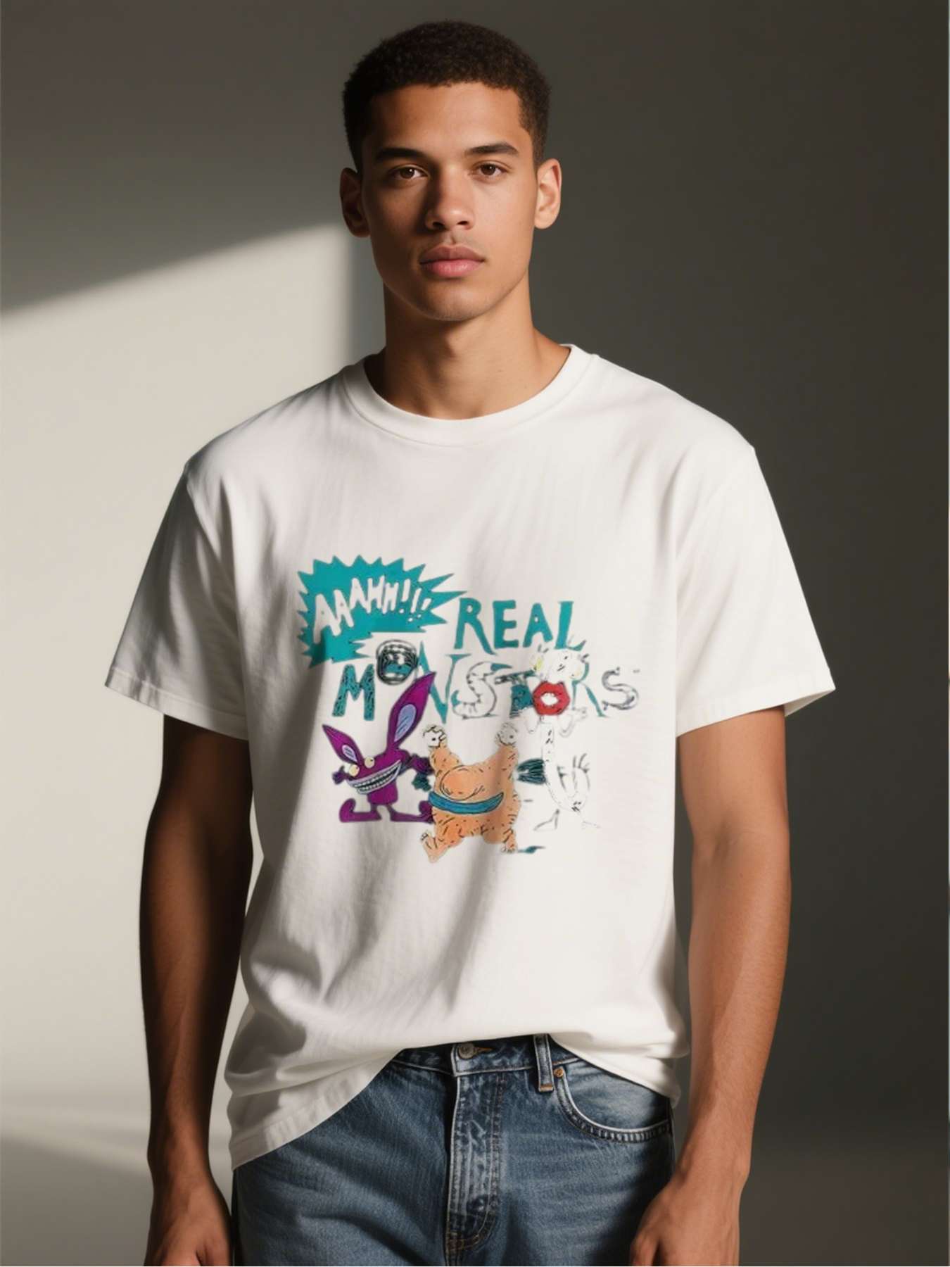 Men's Printed T-Shirt Featuring Cartoon Monsters and 