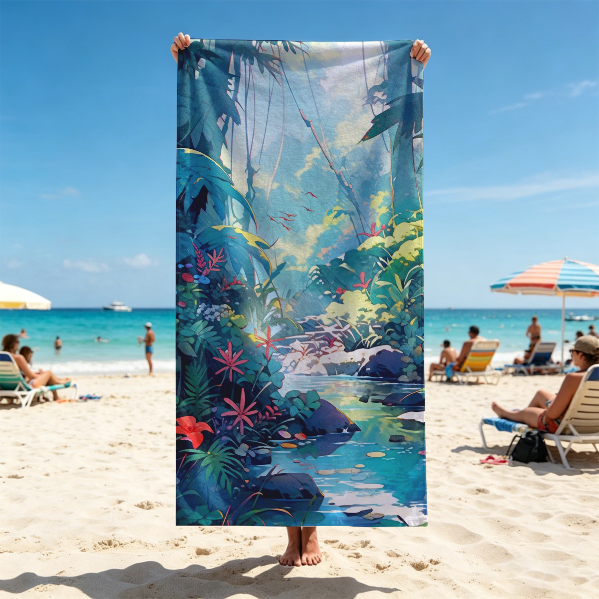 Lush Jungle Stream with Vibrant Flowers and Dappled Light - Beach towels