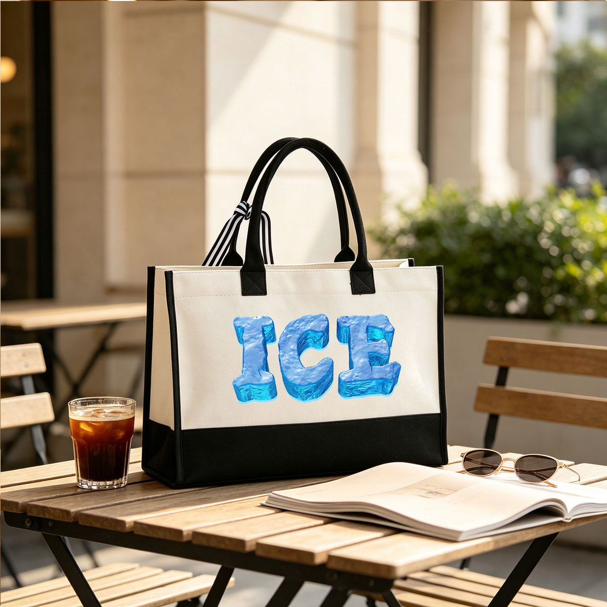 ICE in Frozen Blue Text - Canvas patchwork gift tote bag