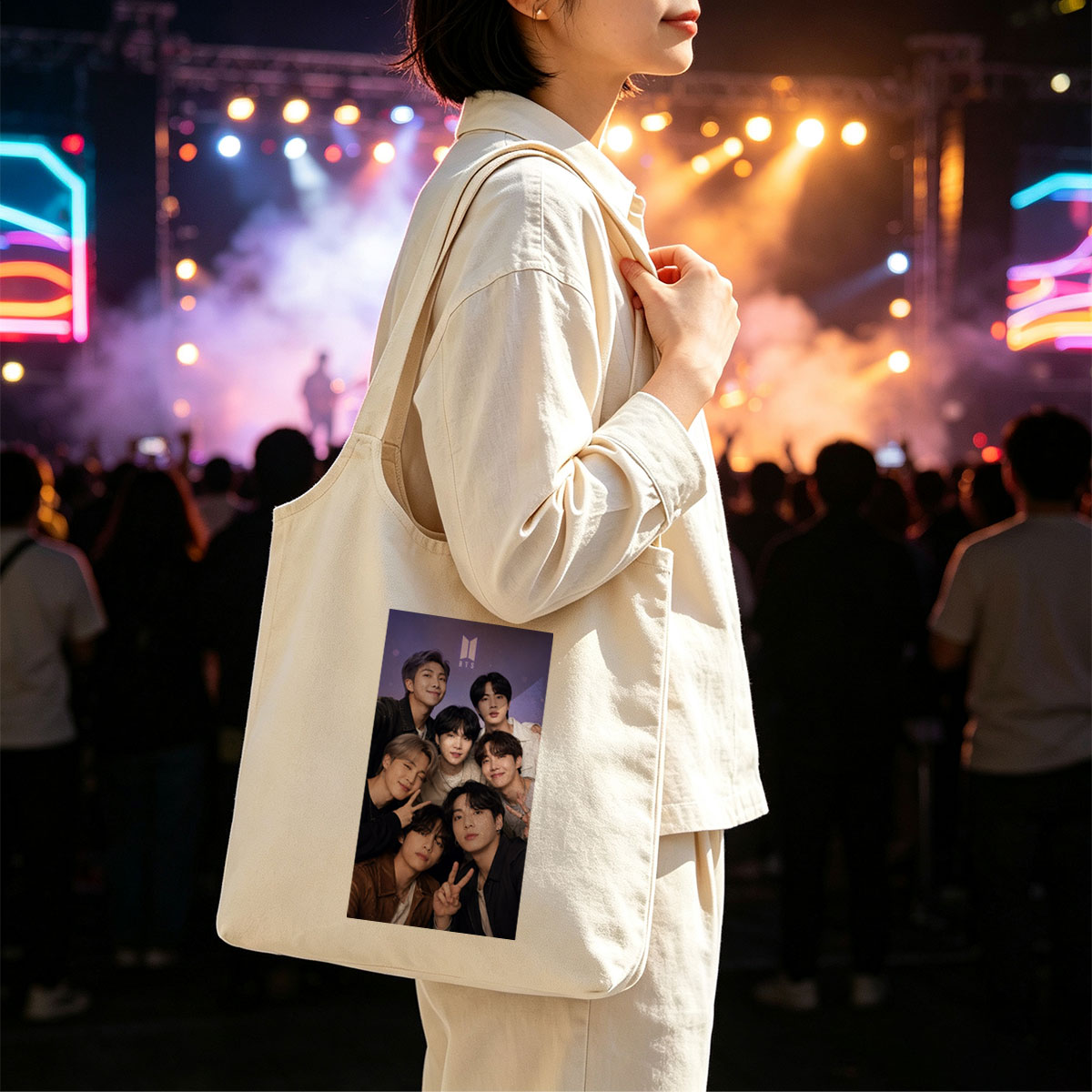 BTS Group Photo - Seven Members Posing Together with Peace Signs and Smiles Against Purple Background - Canvas shoulder bags/
