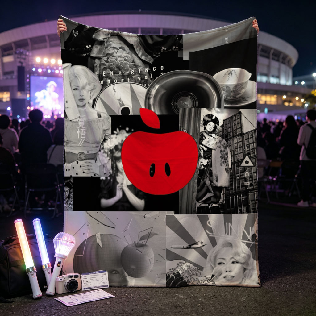 Ringo Sheena in a Retro-Futuristic Collage Featuring Black-and-White Portraits, Vinyl Records, and a Bold Red Apple Logo - Blankets