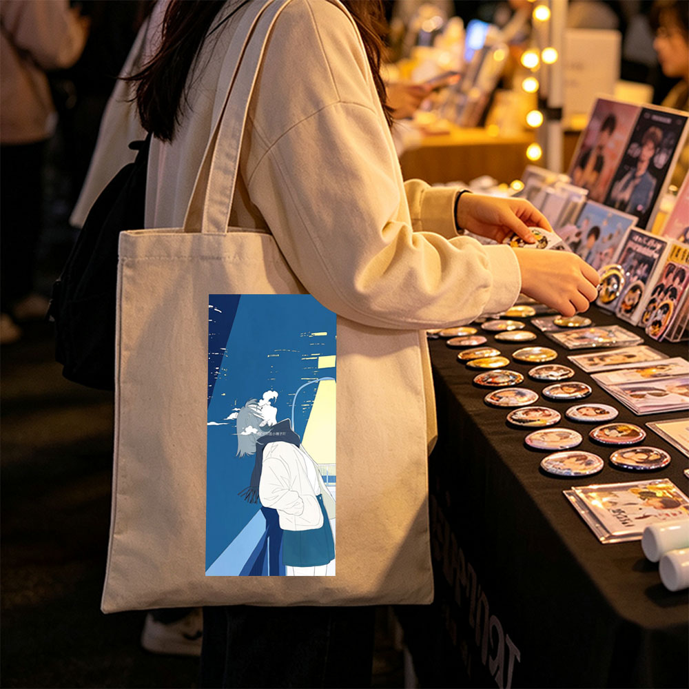 Anime Character in Winter Coat Breathing Steam Against City Night Sky - Canvas tote bags