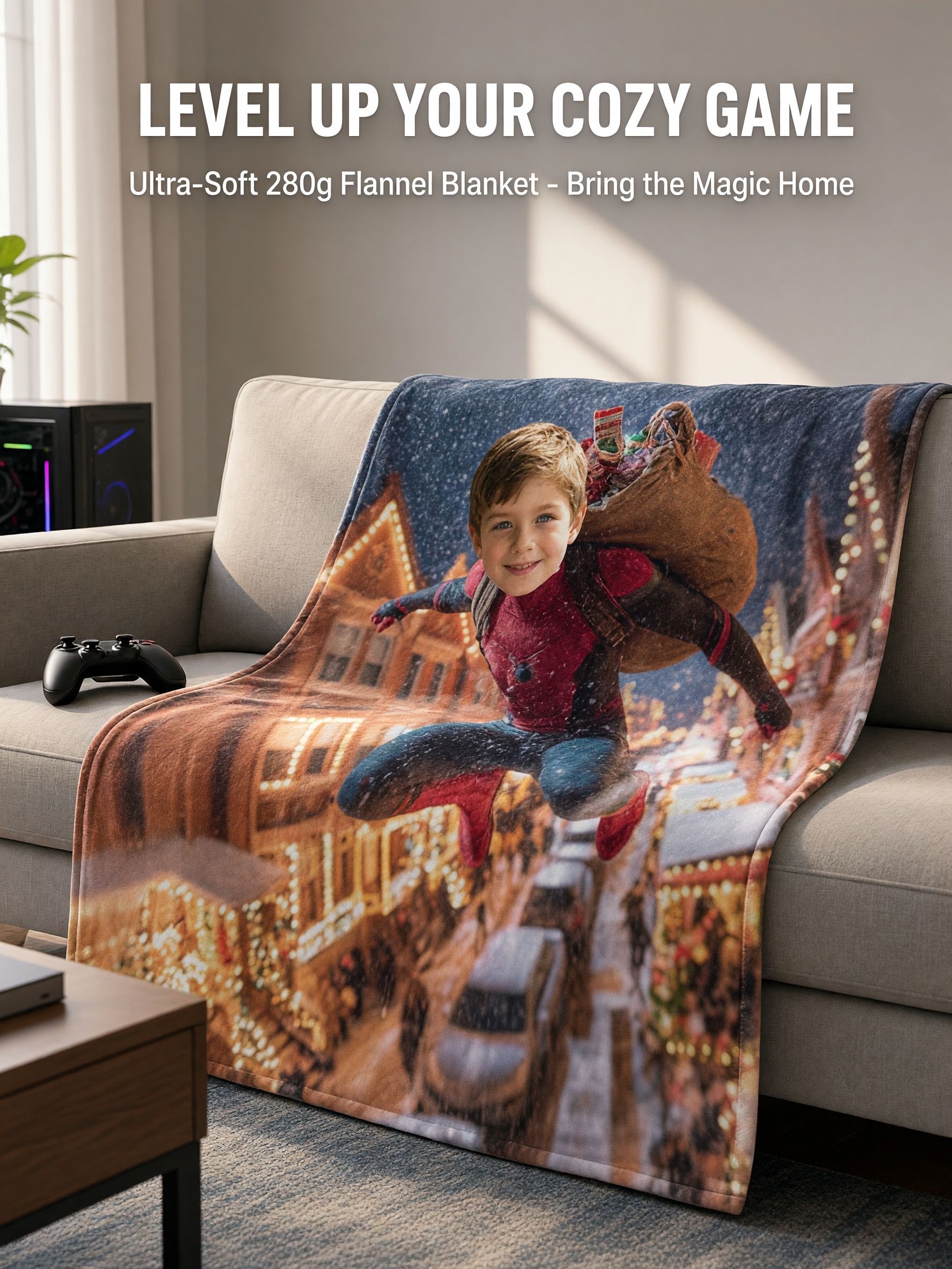 Personalized Face Photo Blanket Custom Superhero Flannel Fleece Throw Soft Anti-Pilling Warm Bed Sofa Gift for Kids
