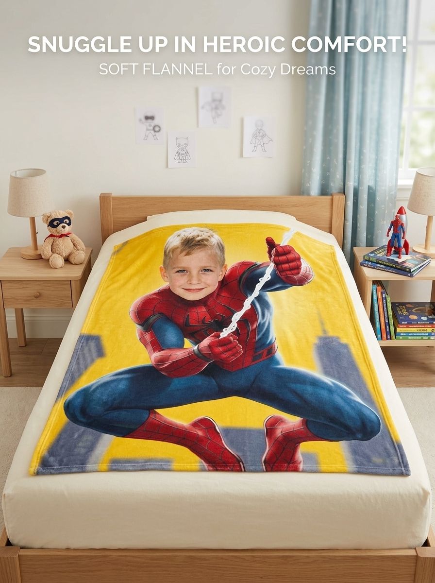 Custom Face Superhero Flannel Fleece Blanket Personalized Photo Throw for Kids Bed Couch Cozy Velvet Birthday Gift
