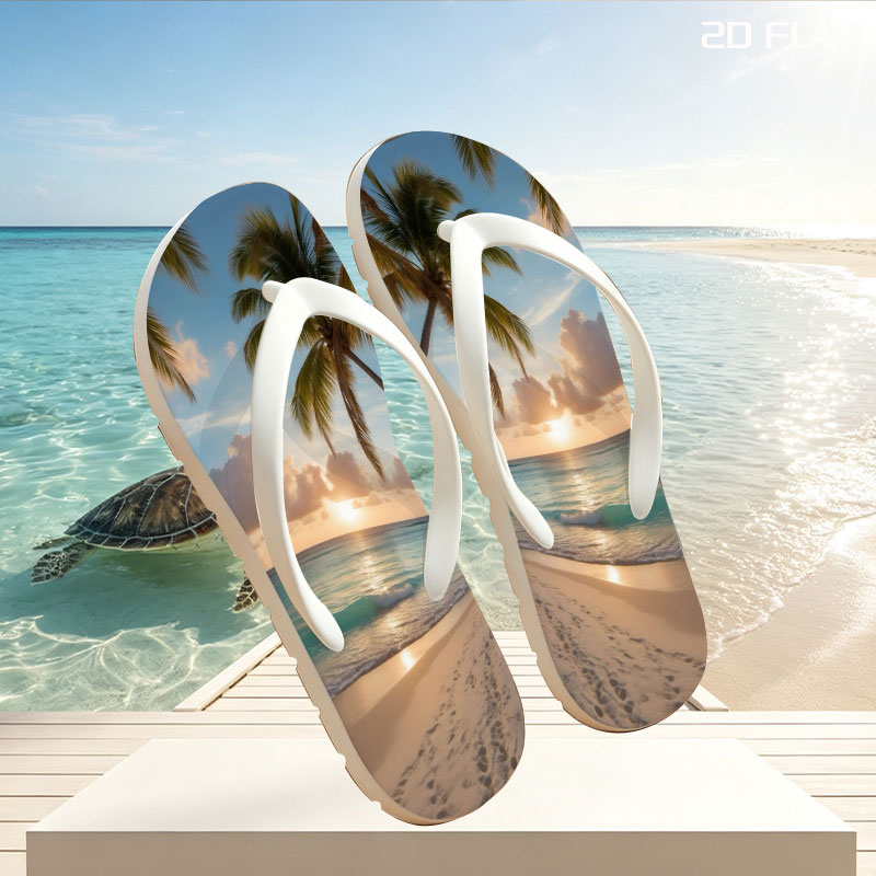 Sunset on a tropical beach with palm trees and calm ocean waves. -  flip-flops
